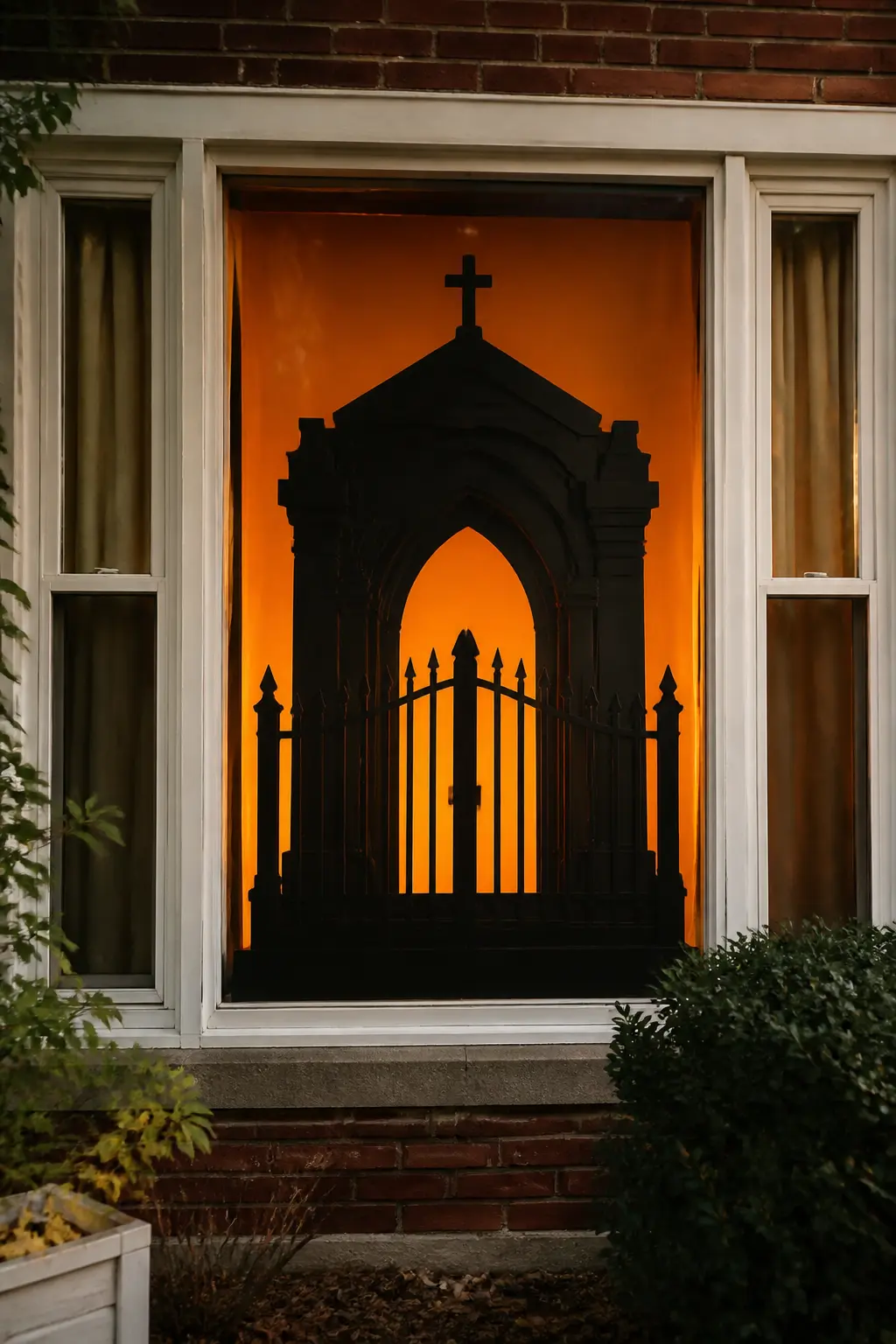 Lone Mausoleum with Iron Gate — Cut a mausoleum shape as the centrepiece of a wide window: the flat front with columns, a triangular pediment, and a small