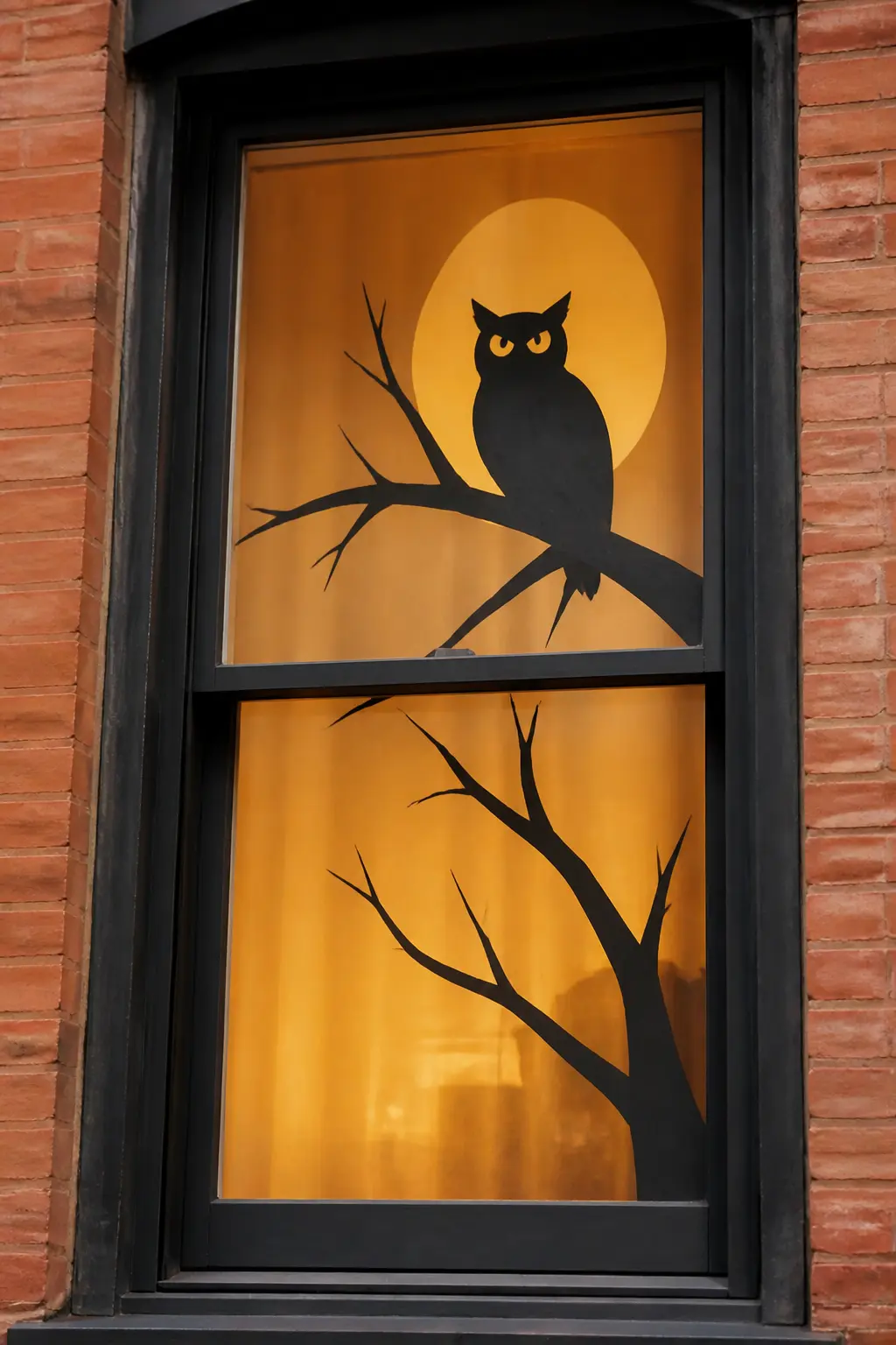 Owl on a Branch — Cut a bare tree branch stretching across the lower third of the window, and perch a large owl silhouette on the thickest limb. Diy halloween
