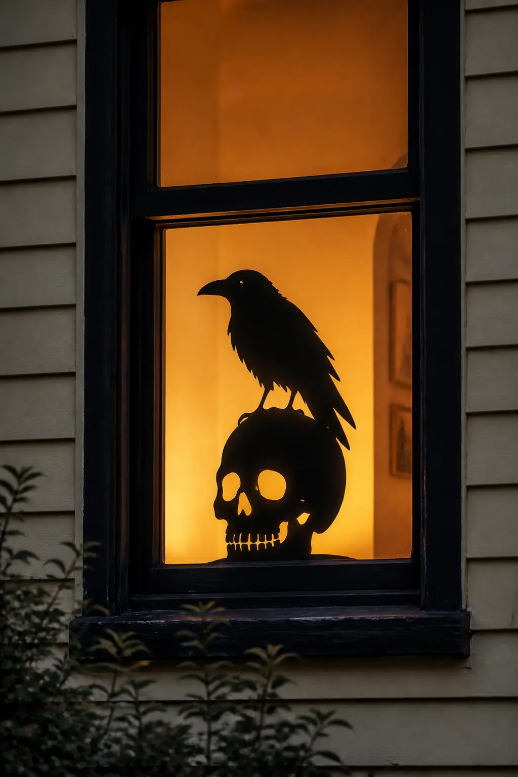 Raven on a Skull — Cut a large raven in profile, wings folded, standing on top of a human skull. Diy halloween window silhouettes