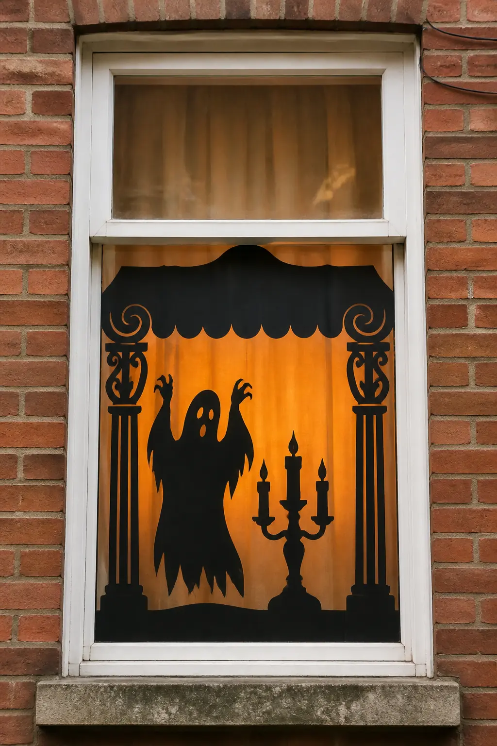 Shadow Puppet Theatre Frame — Cut an ornate theatre proscenium arch shape to frame the inside of the window, with scrolled columns on each side and a scalloped