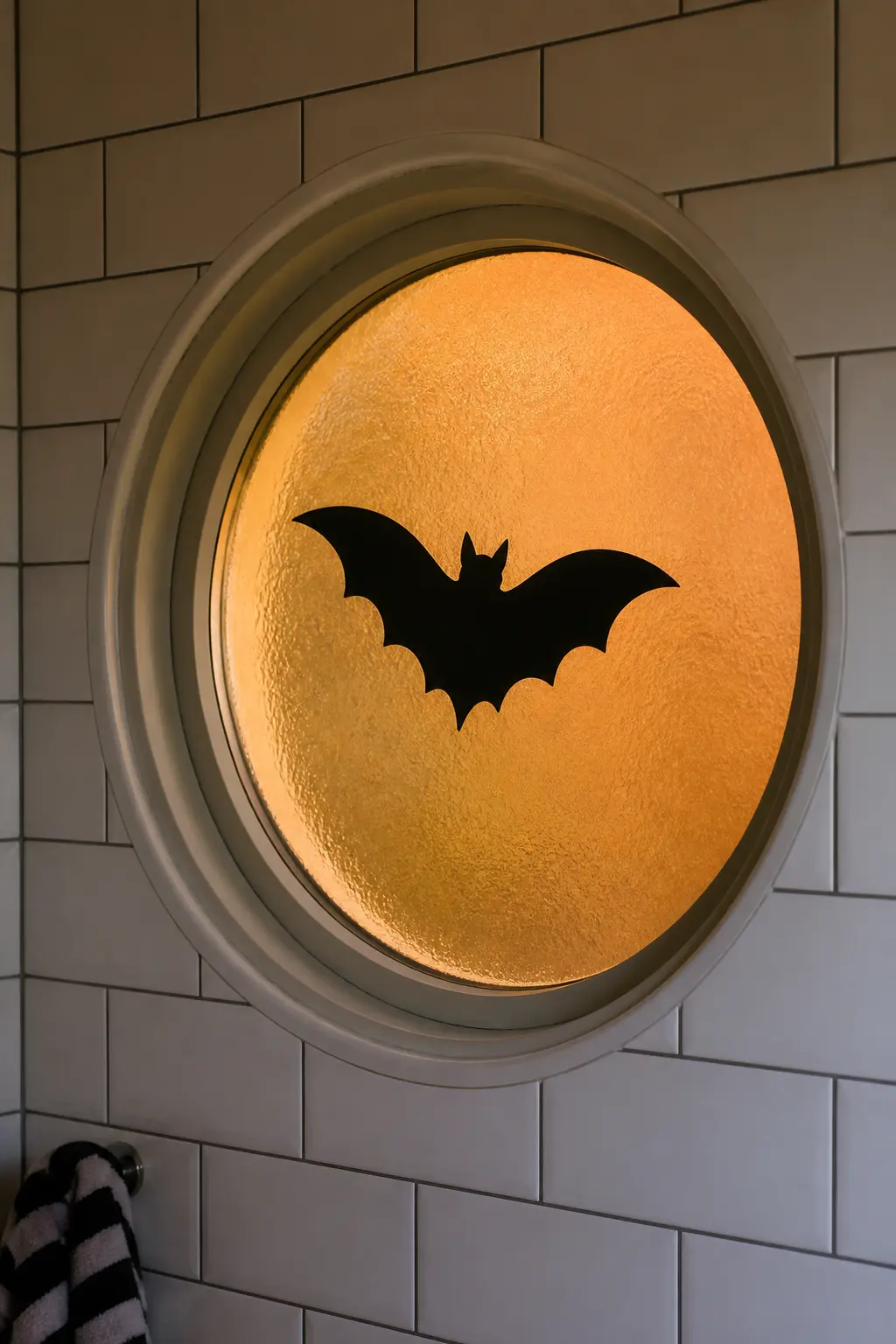 Single Bat on a Porthole Window — One bat, wings spread, cut to fit the width of a small circular or square bathroom window. Diy halloween window silhouettes