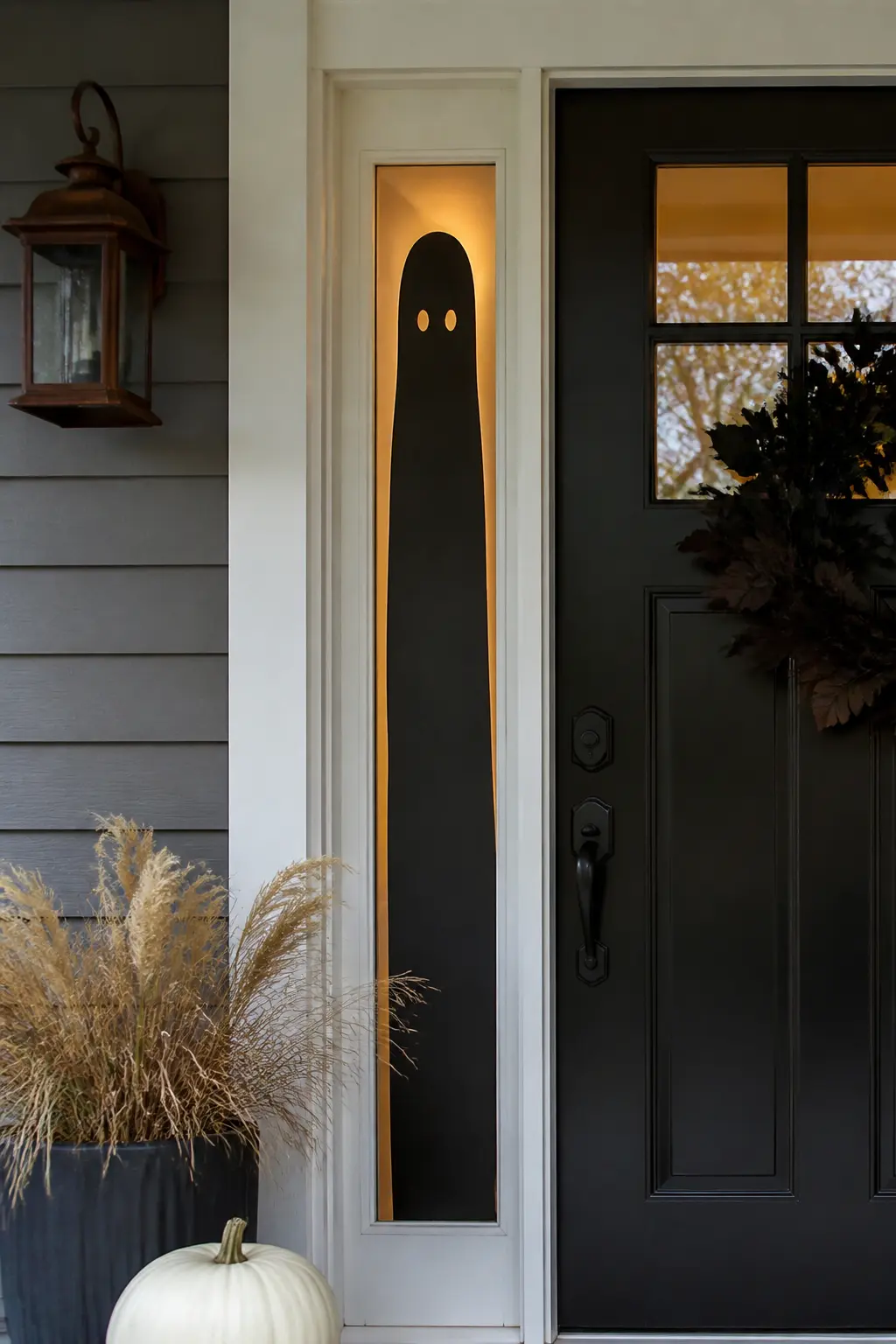 Tall Narrow Ghost in a Sidelight — A classic ghost shape, the rounded head with trailing hem, cut tall and thin to fit a narrow sidelight window beside a front