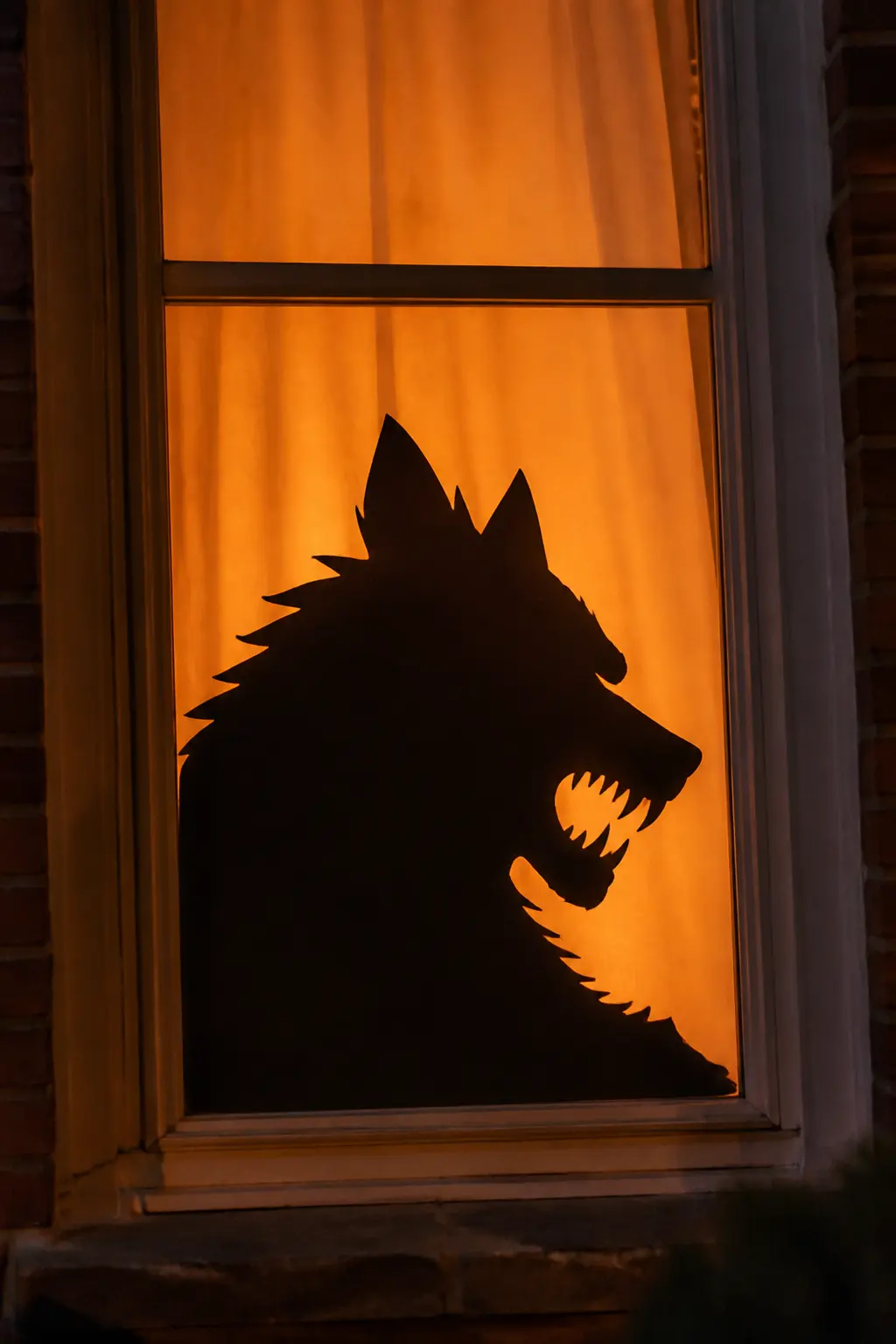 Werewolf Head Profile — A werewolf in profile, head and shoulders only, filling the lower two-thirds of the window. Diy halloween window silhouettes