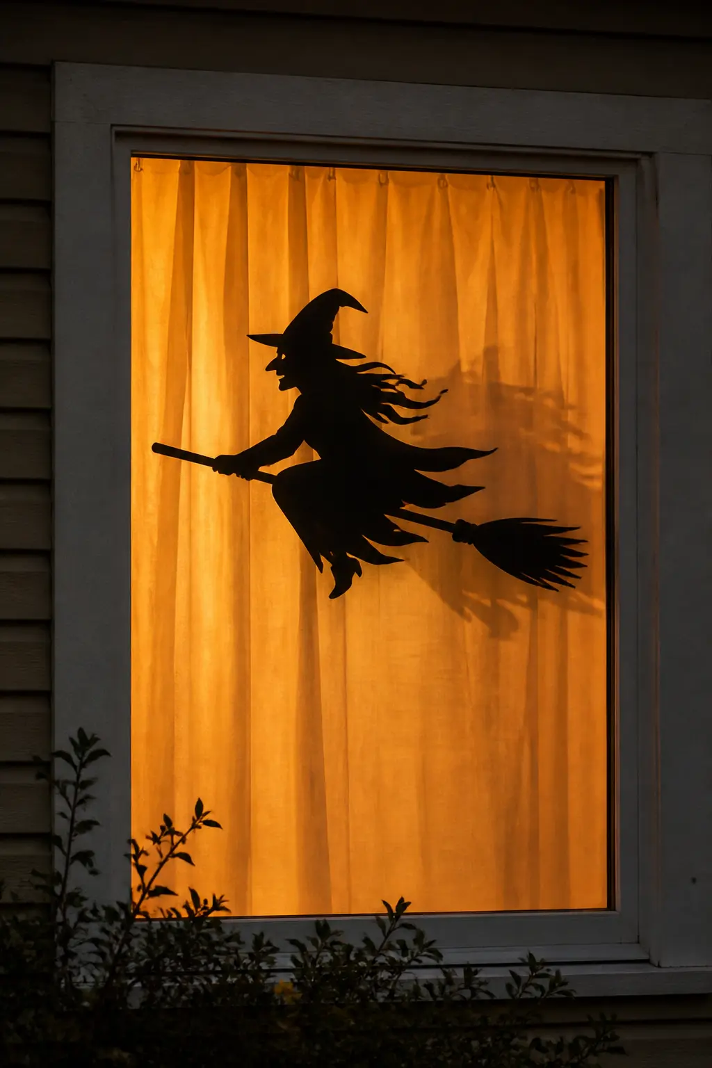 Witch on a Broomstick Mid-Flight — Cut the classic profile: pointed hat, hunched body, broomstick at a forty-five degree angle, a small cat on the tail of the
