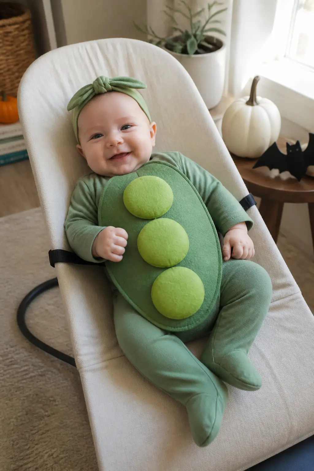 Pea in a Pod — Cut a wide oval pod shape from green felt, big enough to drape across the baby's chest and lap. Diy newborn halloween costumes