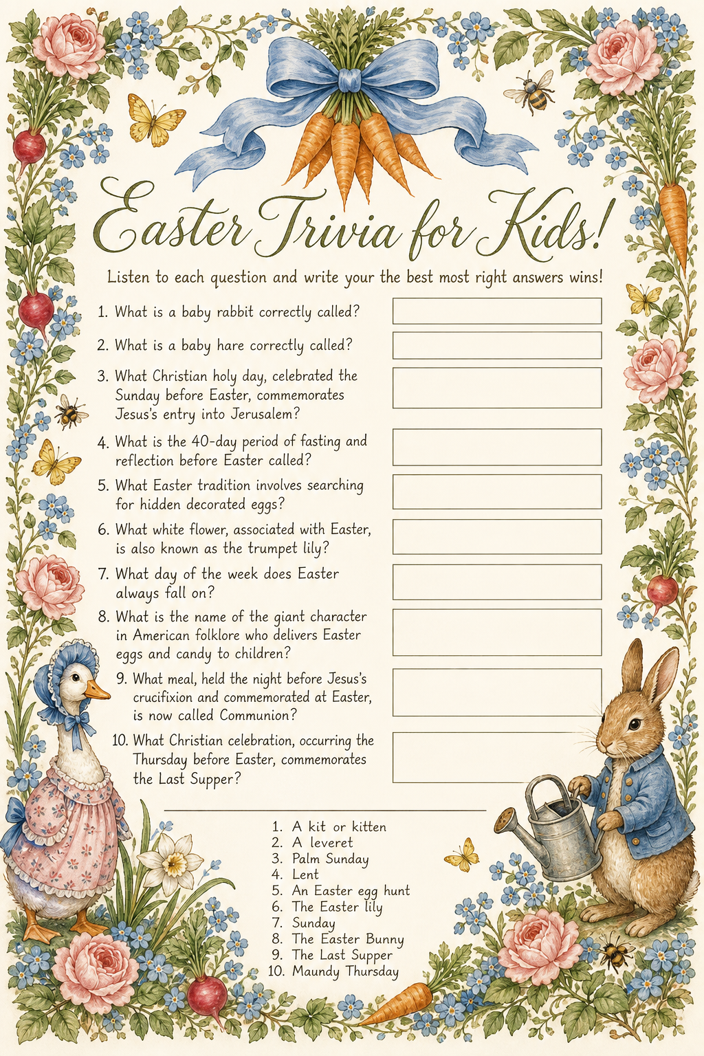 Easter Trivia for Kids printable