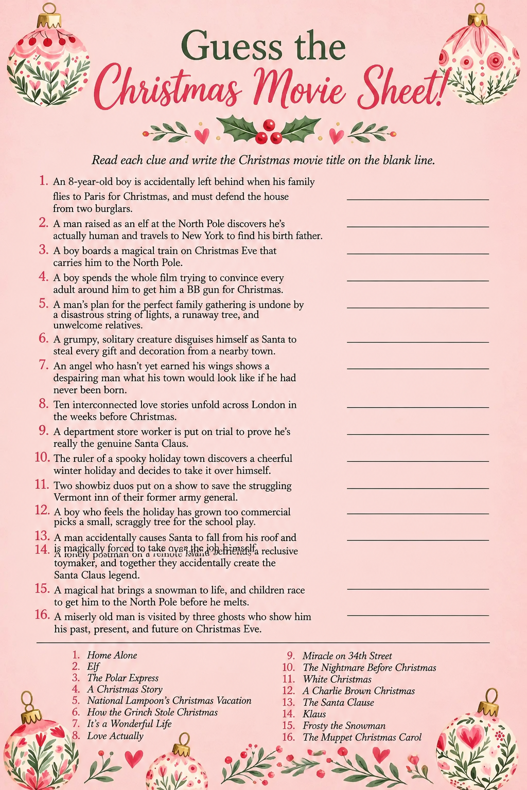 Guess the Christmas Movie Sheet printable