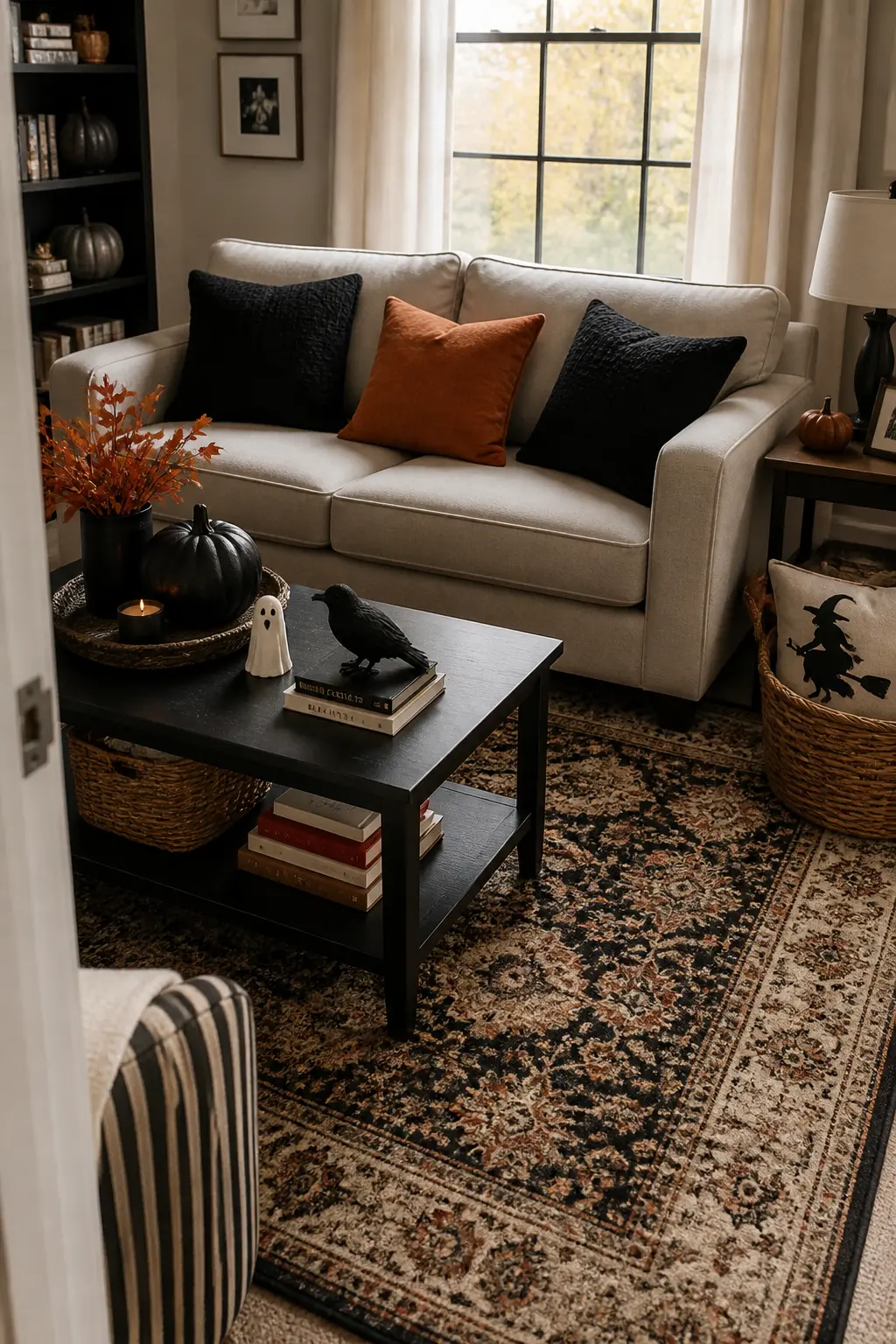 Black and Orange Pillows Swapped onto the Sofa