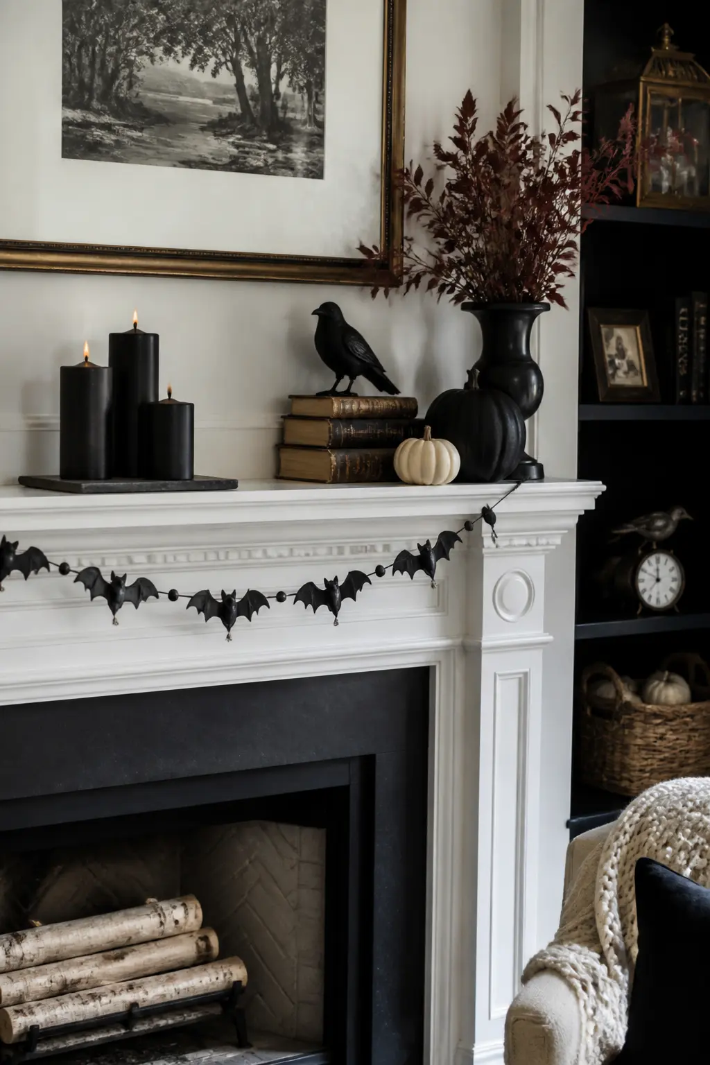 Dark Pillar Candles Grouped on the Mantel