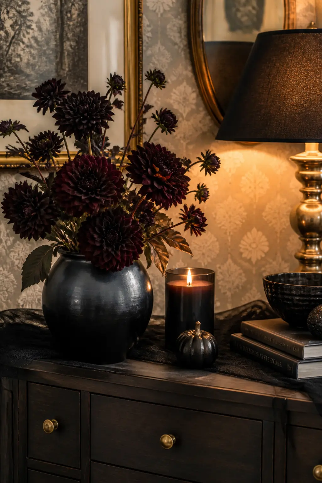 Drape Dark Dahlias in a Vase on the Console