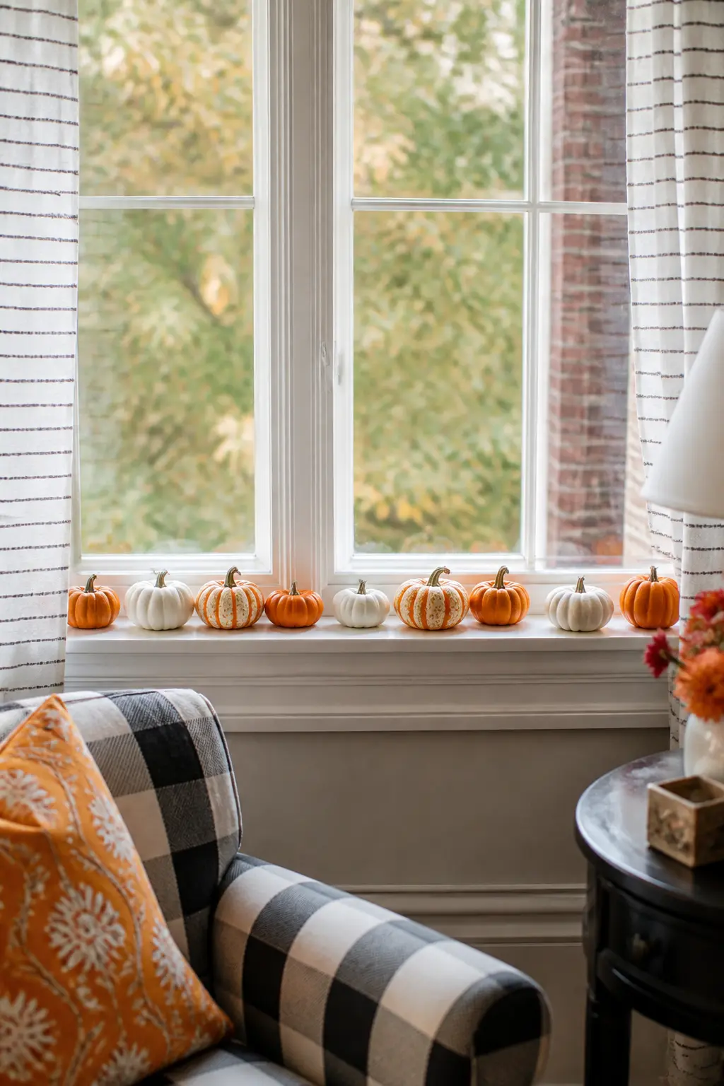 Mini Pumpkins Lined along the Windowsill
