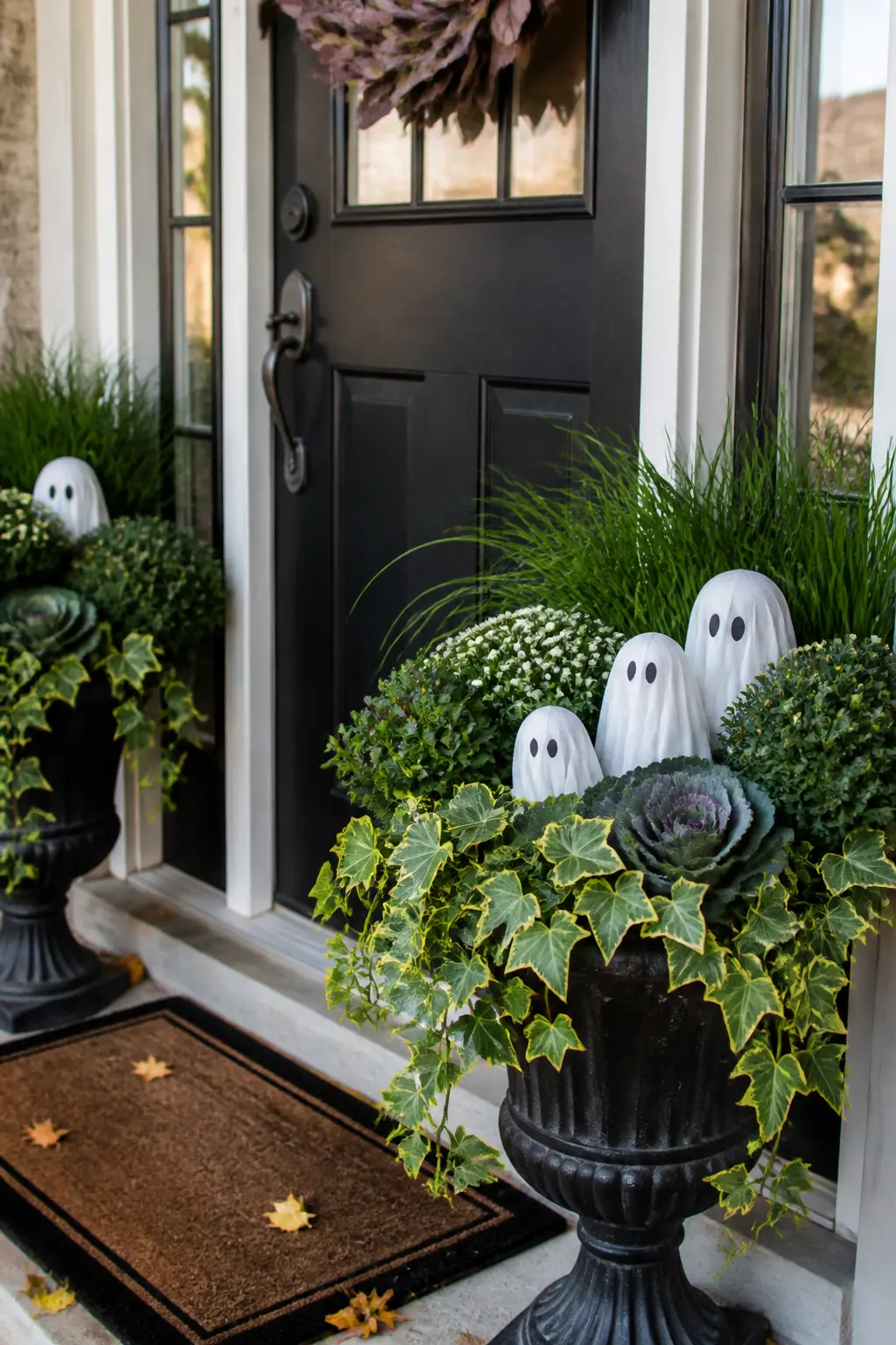 Small Ghost Figures Tucked in the Porch Planters