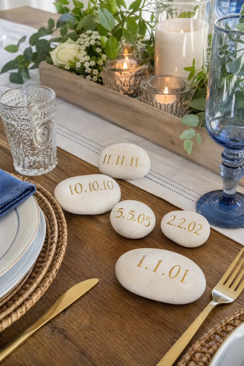 Anniversary Date Stones — Ivory stones with a date painted in fine gold script make a small, elegant table marker for an anniversary dinner, far quieter than a