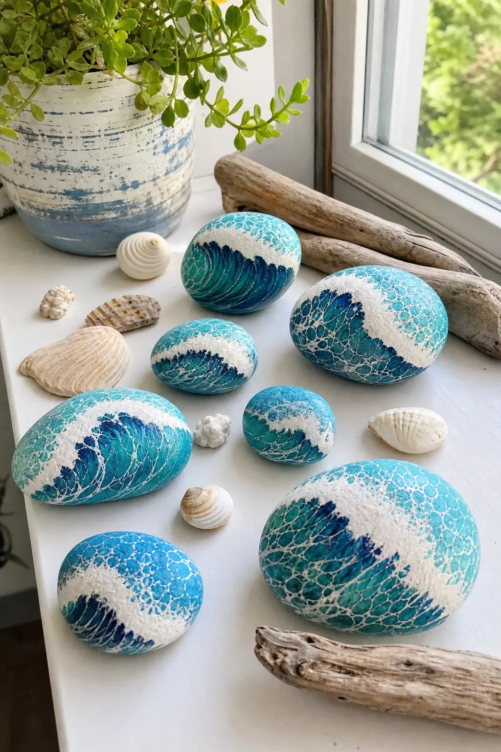 Beach and Wave Scene Stones — Turquoise and white paint layered wet on wet across a flat stone makes a small breaking wave, no two ever come out quite the