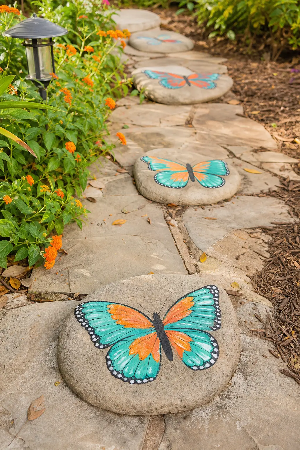 Butterfly Stepping Stones — Large flat stones set along a path get one painted butterfly each, wings spread in teal and orange, with the natural grey stone