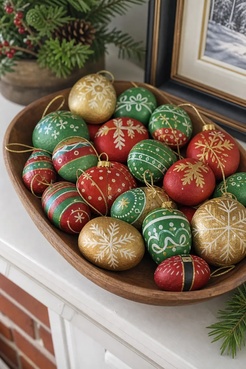 Christmas Ornament Stones — Round stones painted red, green or gold with a thin painted hanging loop at the top mimic bauble ornaments, and a wooden bowl on