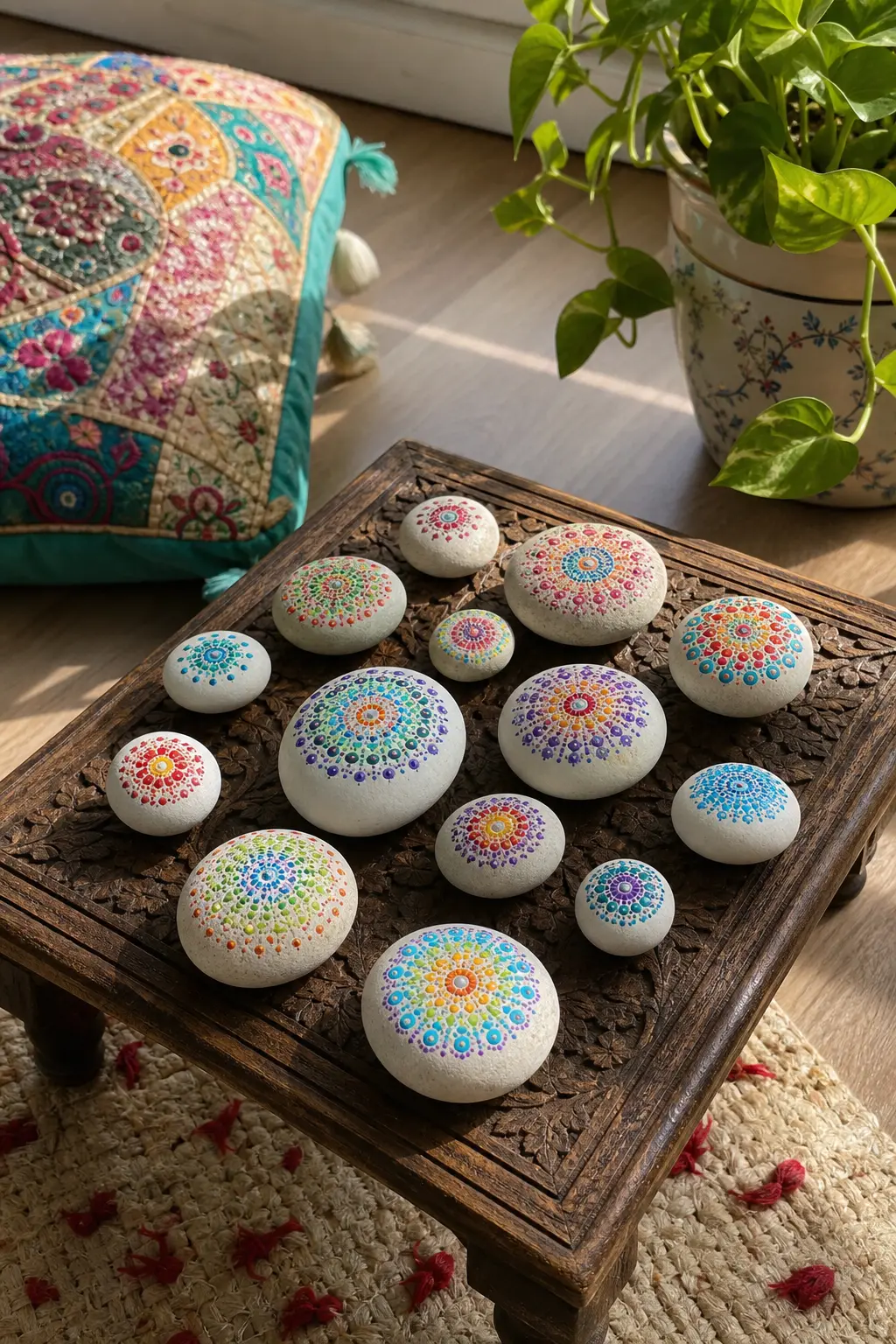 Dot-Art Mandala Stones — A white base coat, then rings of dots in graduating sizes built outward from the centre with a dotting tool, no drawing at all, just