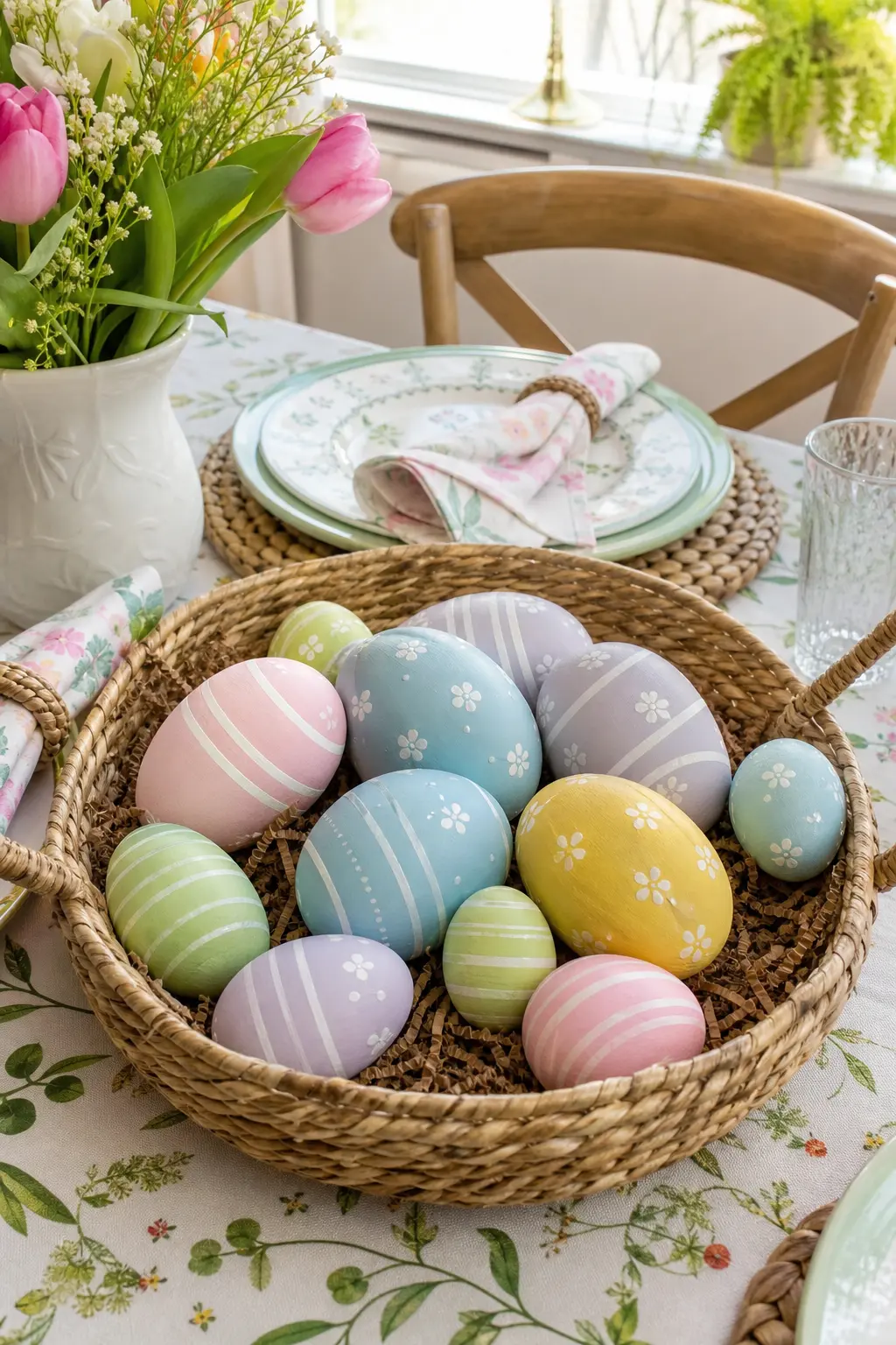 Easter Egg Pattern Stones — Oval stones in soft pastel base coats get simple patterns on top: stripes, dots, tiny florals, the same way you would decorate a