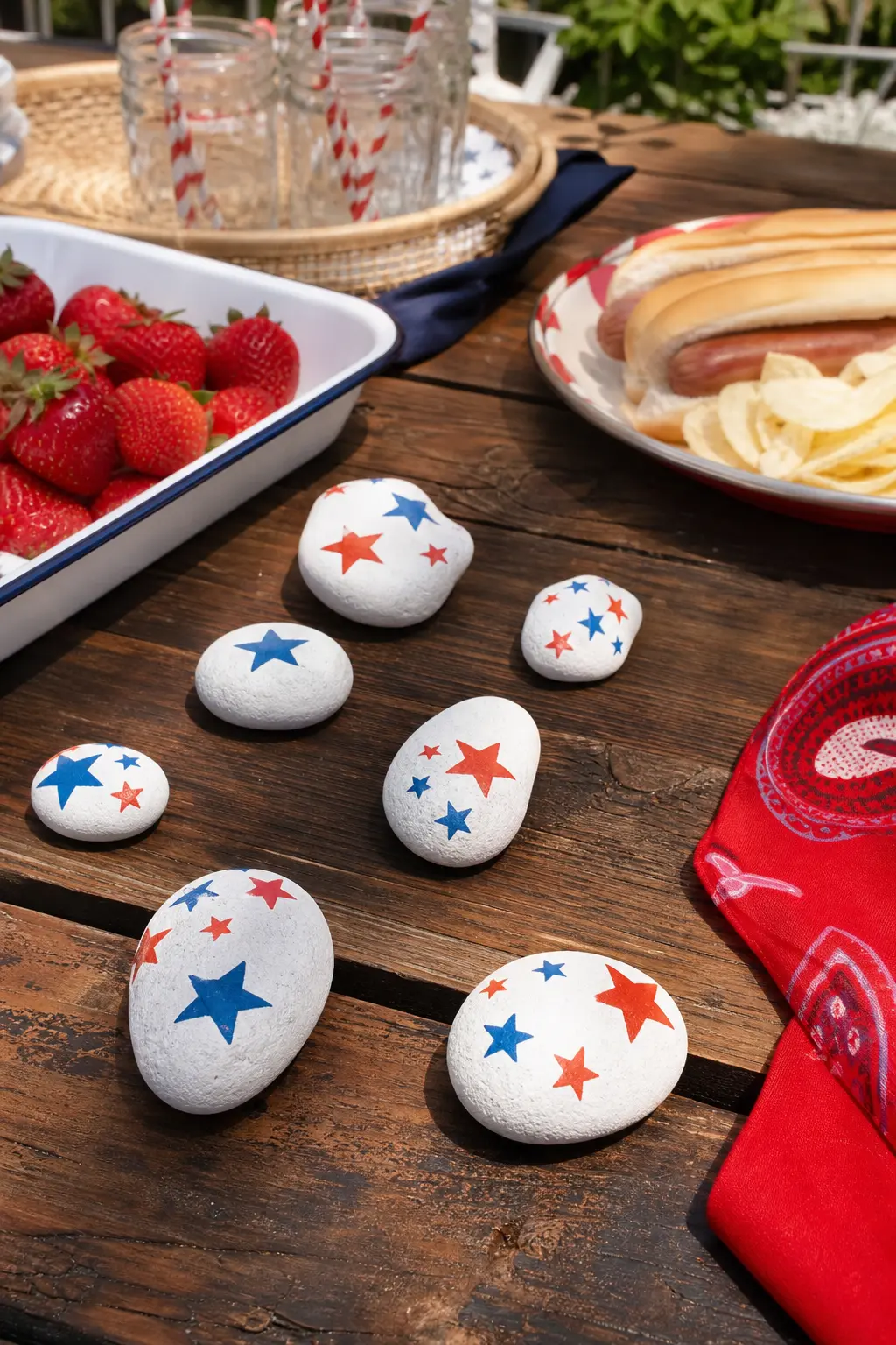 Fourth of July Star Stones — White stones with a red or blue star painted dead centre, edges left slightly rough, scatter naturally across a picnic table
