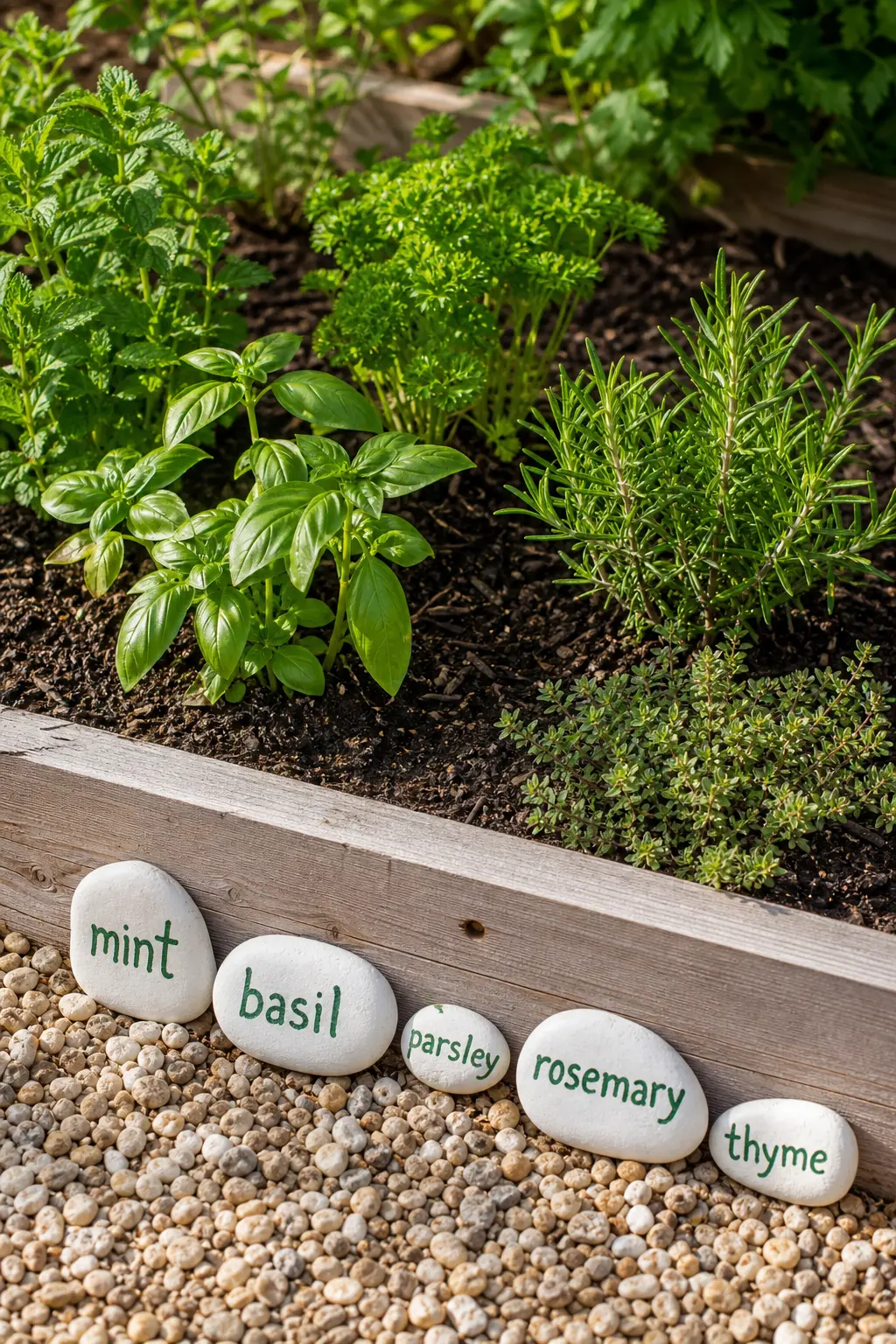 Garden Herb Marker Stones — Flat stones painted white with the herb name in green script, basil, mint, thyme, planted at the front of a raised bed save you