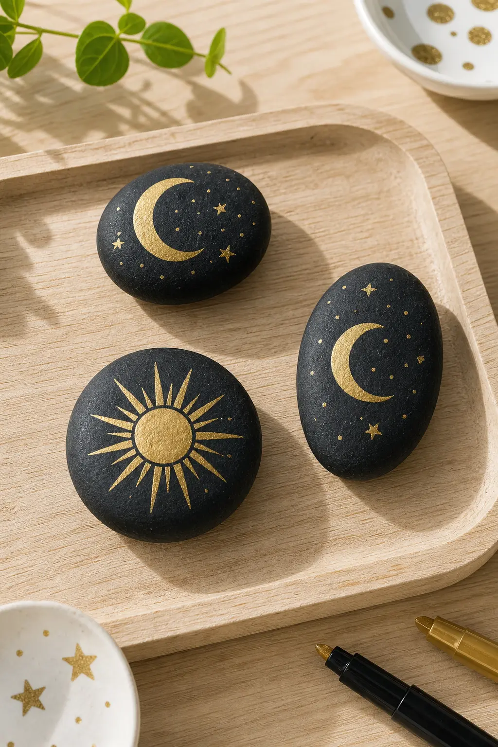 Golden Sun and Crescent Moon Stones — Two coats of matte black acrylic make the base, then a gold paint pen draws the sunburst rays and the crescent in one