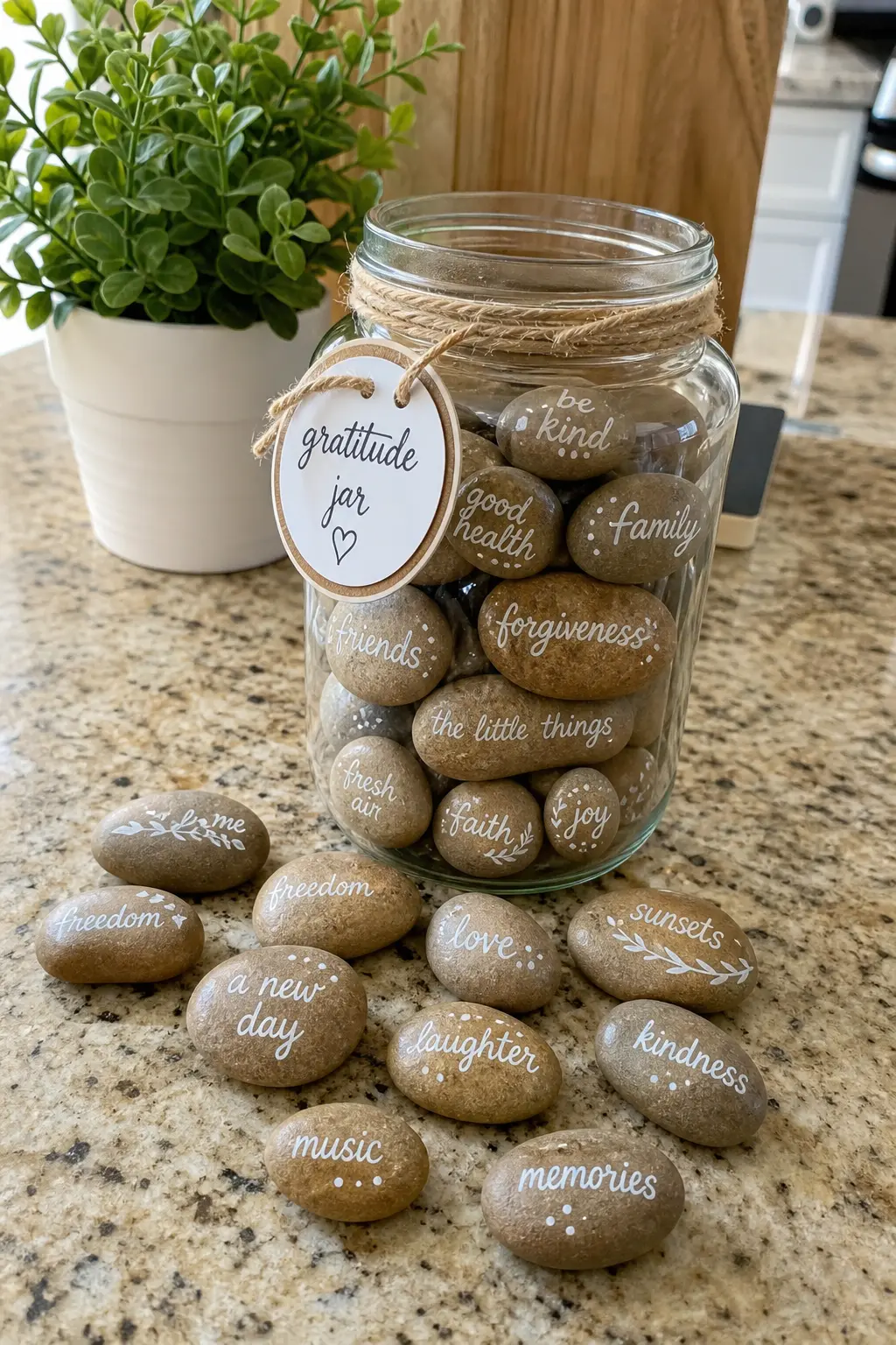 Gratitude Jar Stones — Kraft brown stones with a short phrase in white script fill a glass jar on the kitchen counter, one pulled out and read each morning
