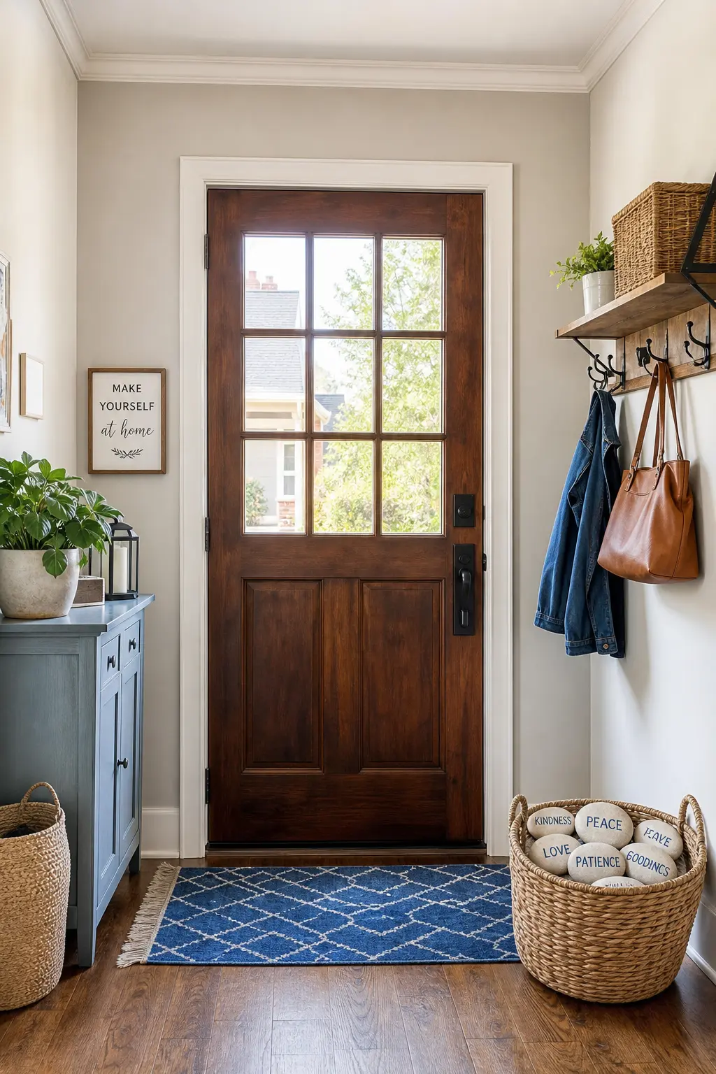 Kindness Word Stones — White stones with a single word in navy, kind, breathe, welcome, sit in a basket by the front door where everyone passing sees one on