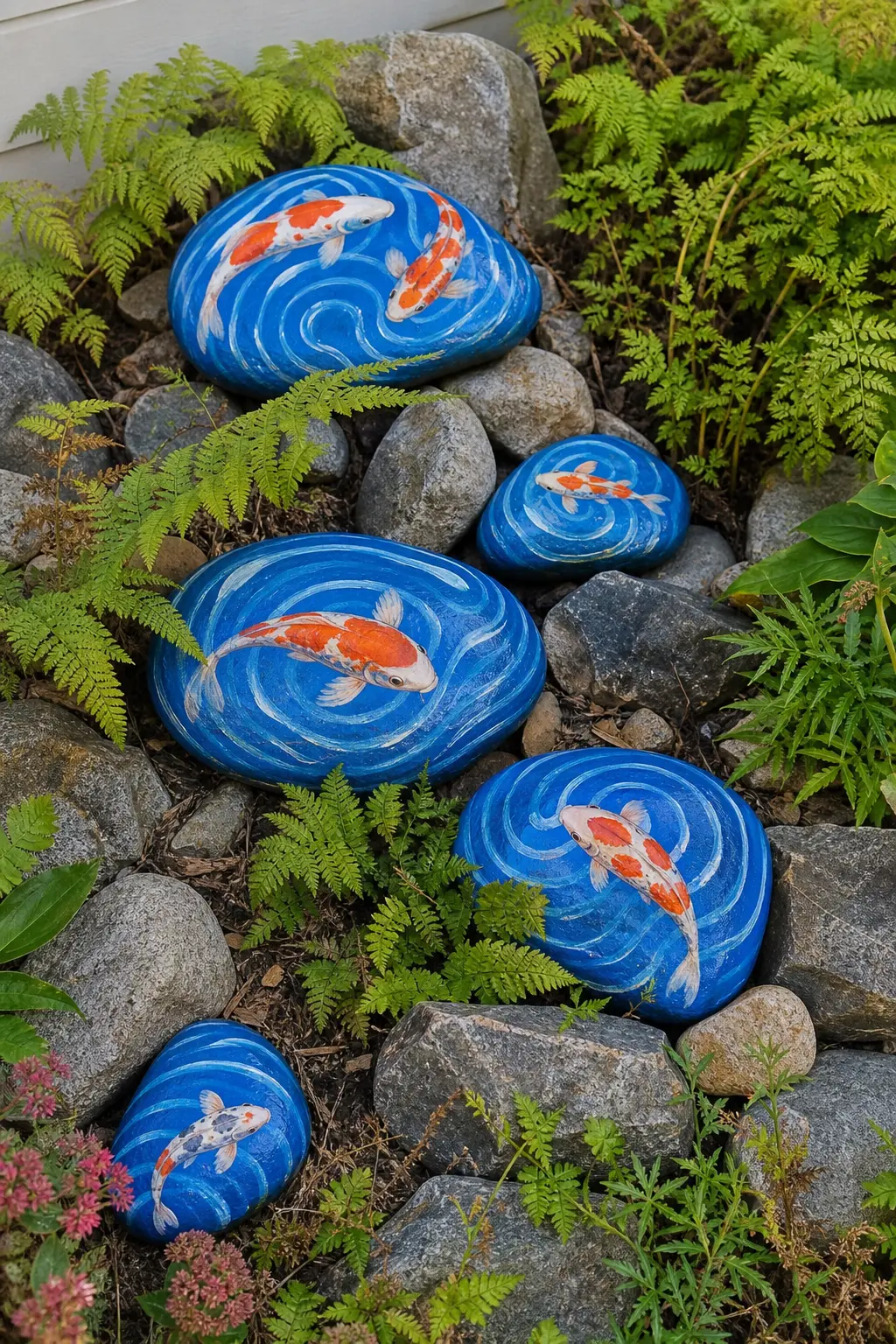 Koi Pond Stone Garden — Flat stones painted deep blue with a rippled texture become the pond, and smaller ones get an orange, white or gold koi swimming across