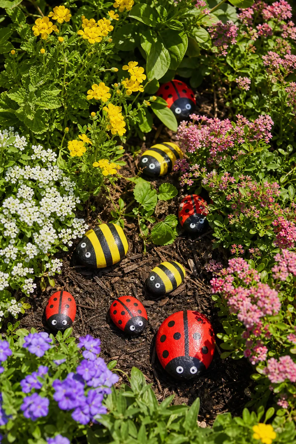 Ladybug and Bee Stones — Small round stones split into two camps: half painted glossy red and black as ladybugs, half yellow and black as bees, scattered