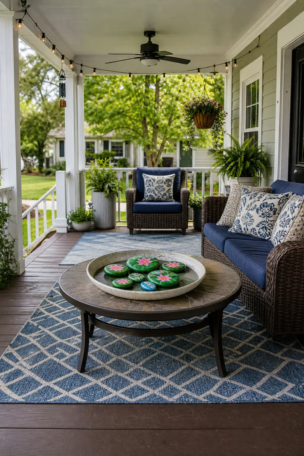 Lily Pad and Dragonfly Stones — Flat green stones painted with a lily pad edge and a single pink flower dot float convincingly in a shallow dish of water, with