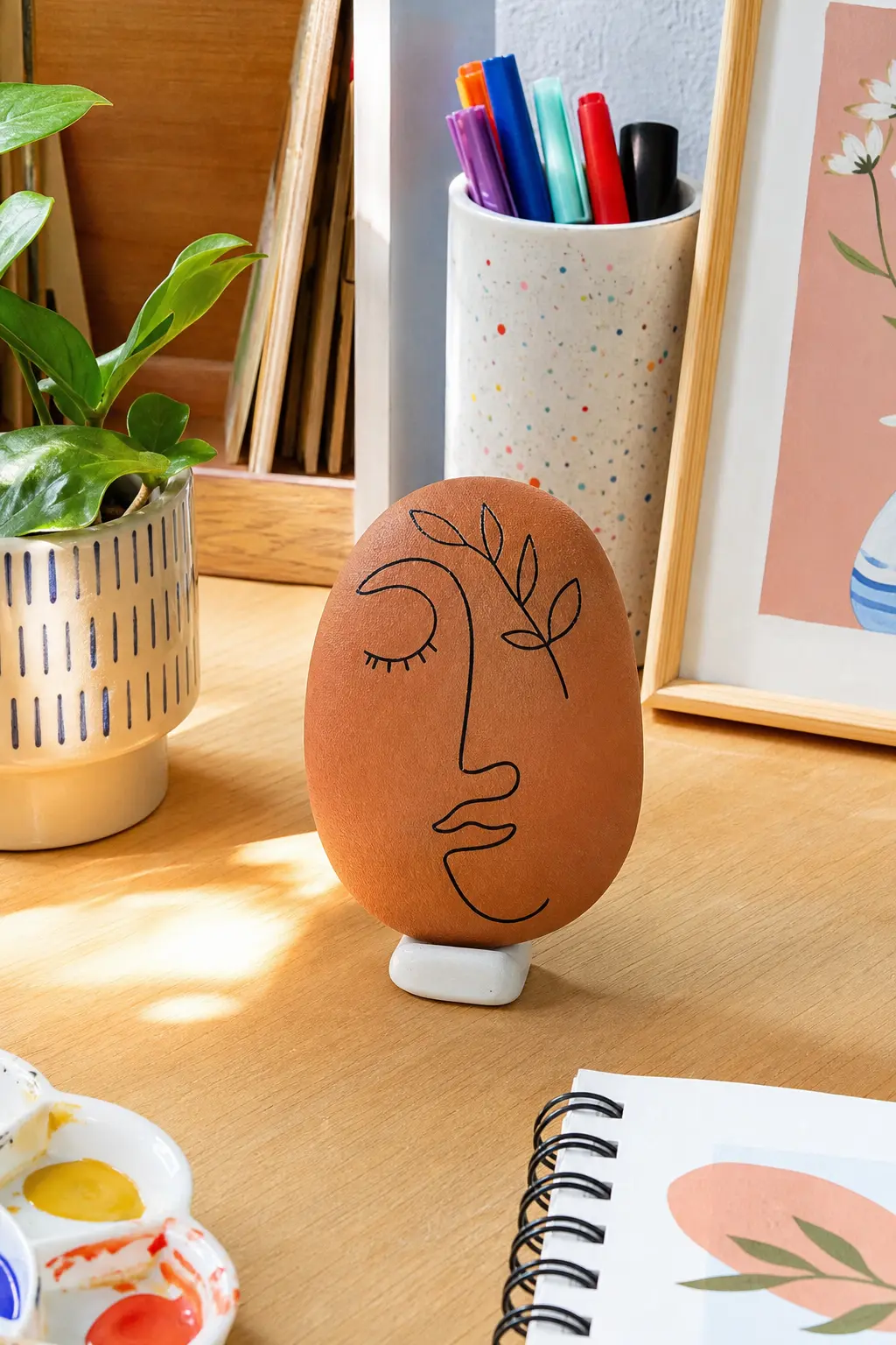 Line Art Face Stones — A single continuous black line, drawn without lifting the pen, sketches a simple face profile across a terracotta colored stone, minimal