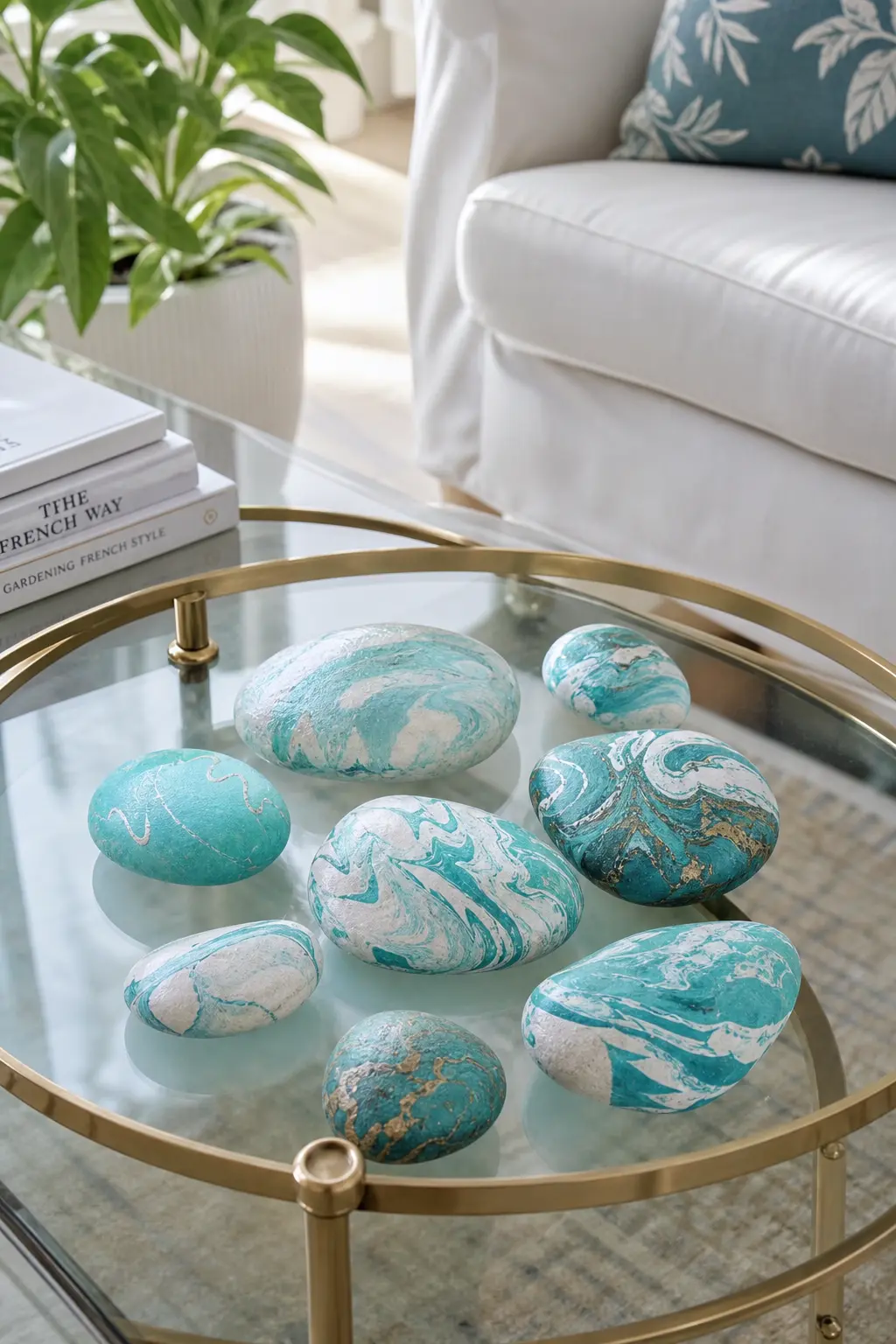 Marbled Ocean Stones — A few drops of teal and white paint swirled together on the stone's surface with a toothpick, before it sets, gives a marbled effect