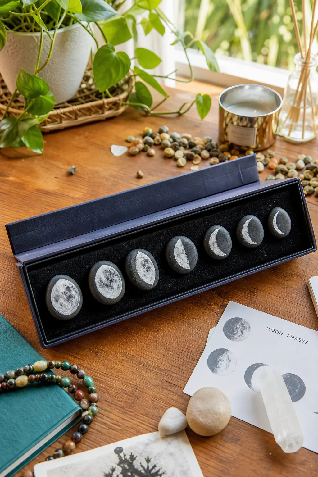 Moon Phases Stone Set — Eight small stones, each painted charcoal grey with a white or pale grey moon shape at a different phase, make a satisfying set to line
