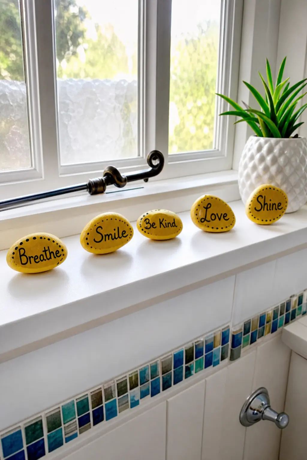 Morning Motivation Stones — Soft yellow stones with a single black script word, rise, breathe, begin, line a bathroom windowsill where the first thing you see