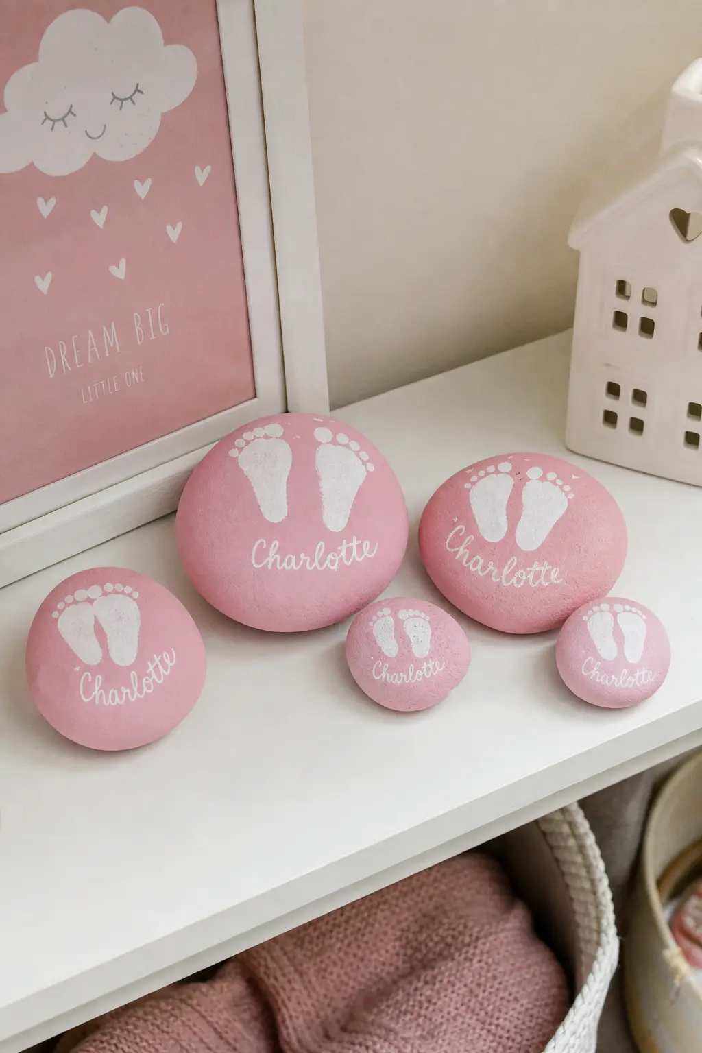 New Baby Footprint Stones — Soft blue or pink stones with tiny painted footprints and a name in fine script make a nursery gift that lasts far longer than a