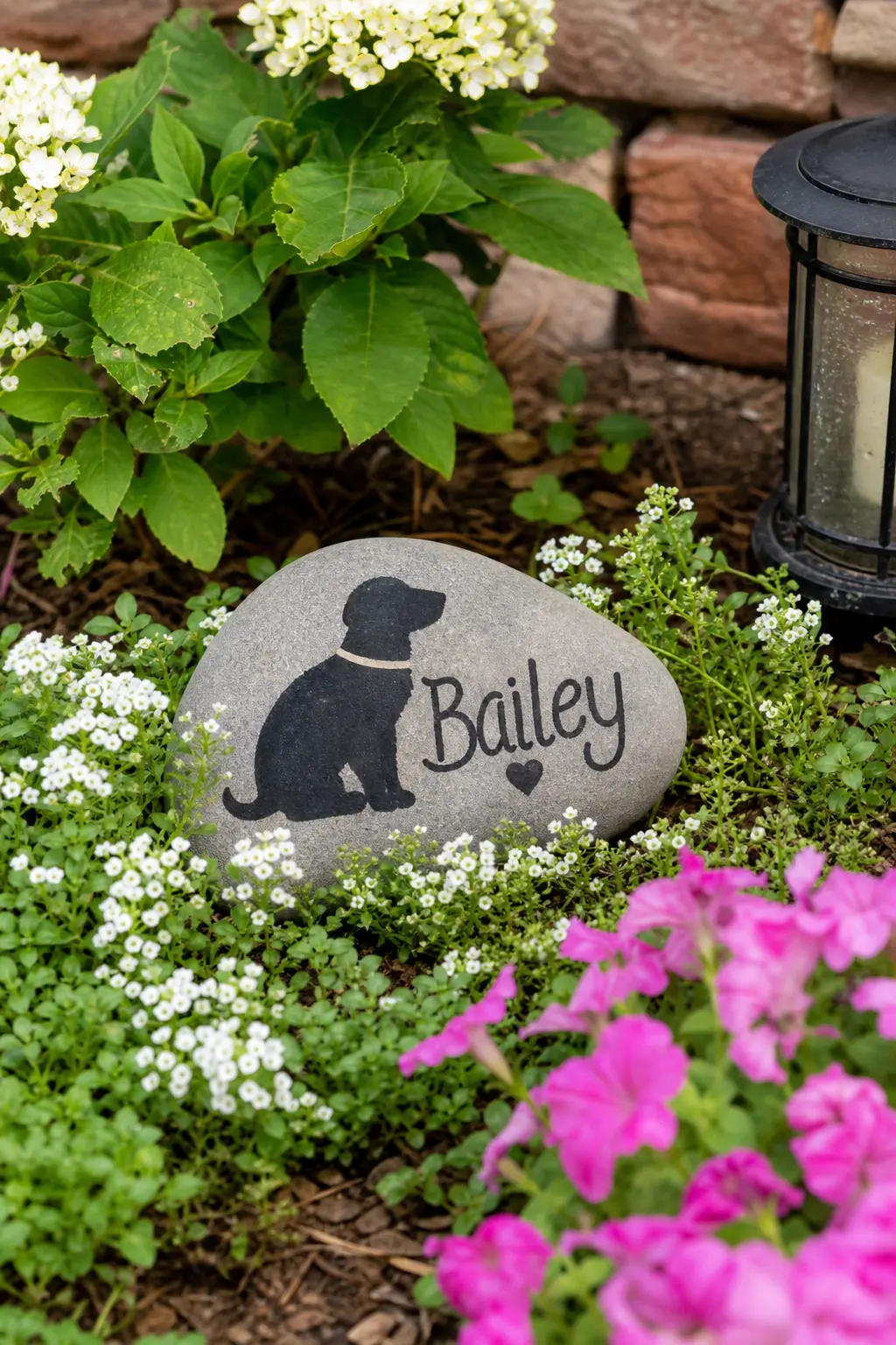 Pet Memorial Stones — A grey stone with a simple black silhouette of a dog or cat and a name below it makes a quiet, dignified marker for a garden corner. Easy