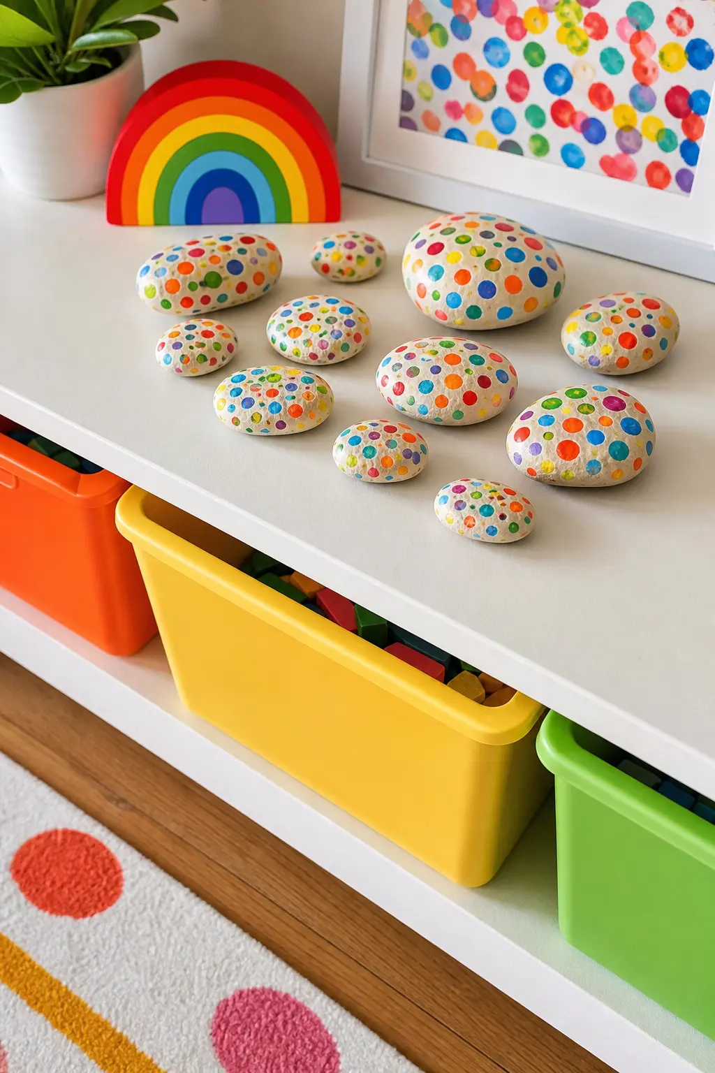 Rainbow Polka Dot Stones — A cream base coat and a scatter of rainbow colored dots in random sizes make a playful, forgiving pattern that never needs to look