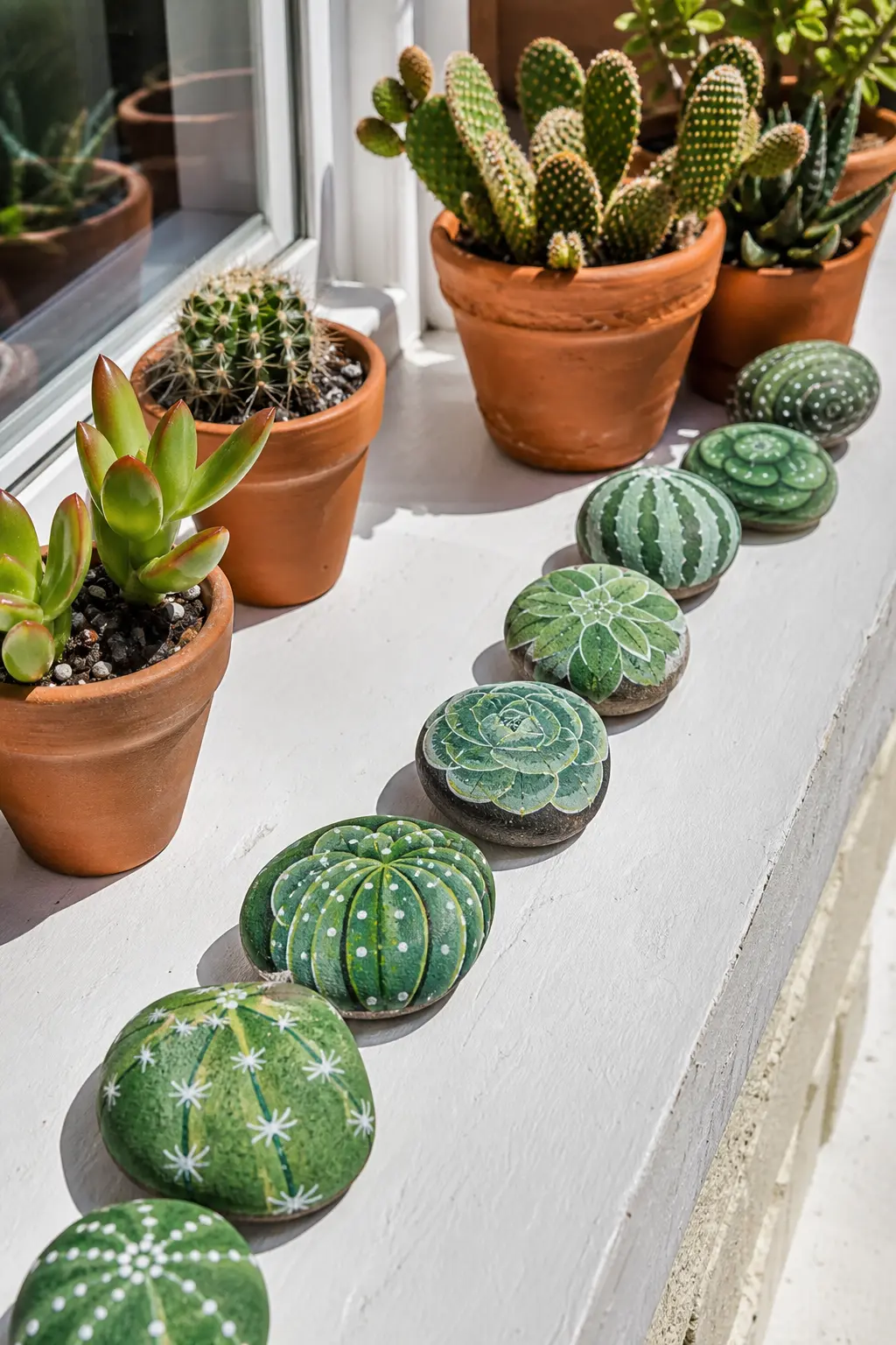 Succulent and Cactus Stones — Rounded stones painted in soft sage and grey green, with a few in warm terracotta for the pots, mimic a whole succulent