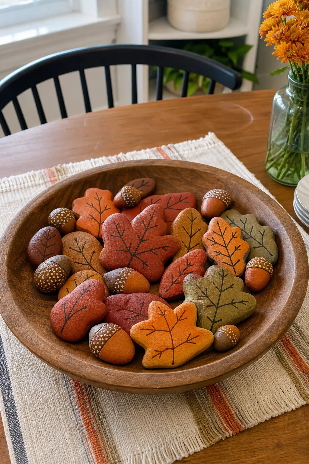 Thanksgiving Leaf and Acorn Stones — Rust, brown and mustard stones painted as fallen leaves and tiny acorns fill a wooden bowl centerpiece with none of the