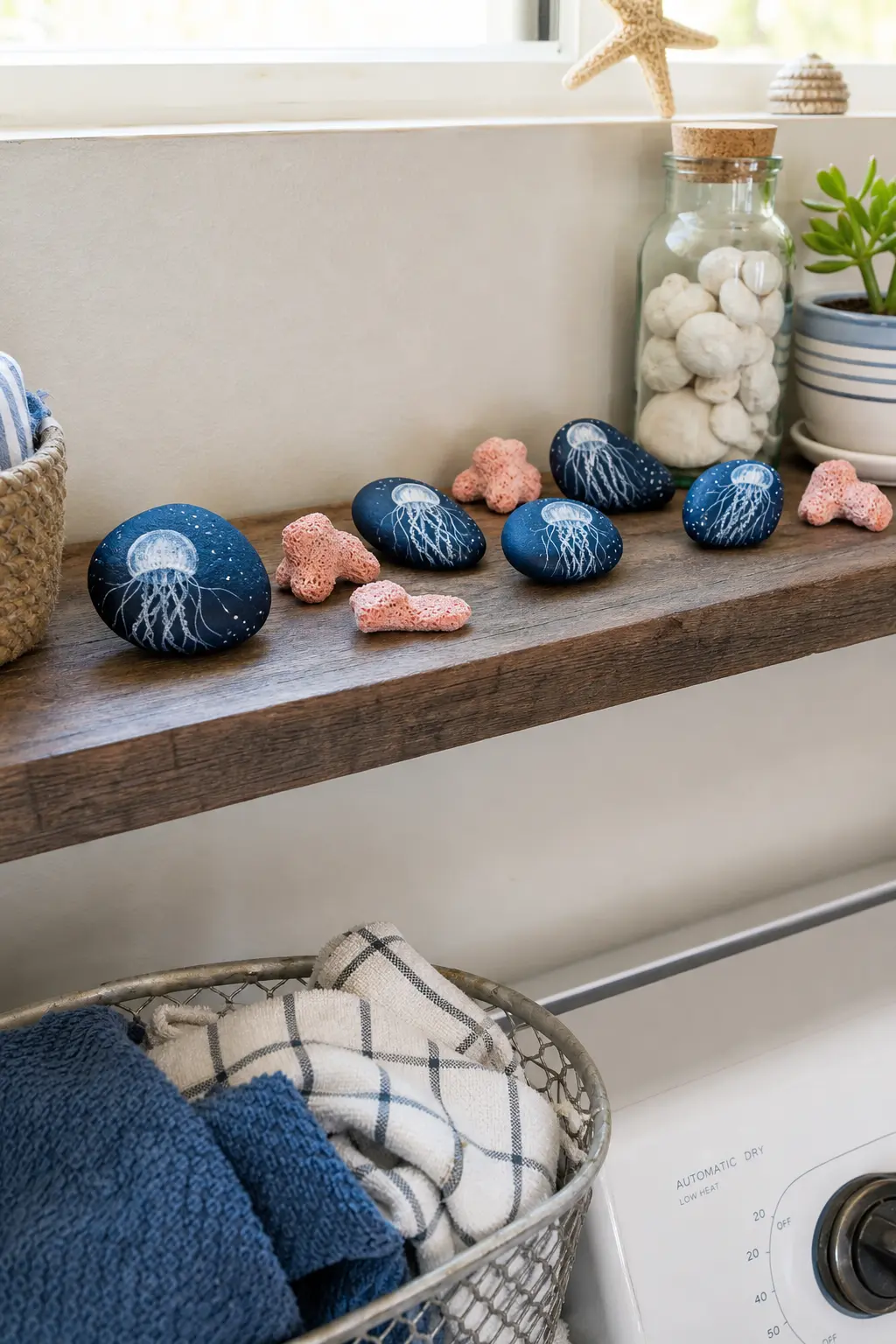 Underwater Jellyfish and Coral Stones — Deep blue stones with a translucent looking jellyfish in soft white, plus a few smaller ones painted as coral in coral