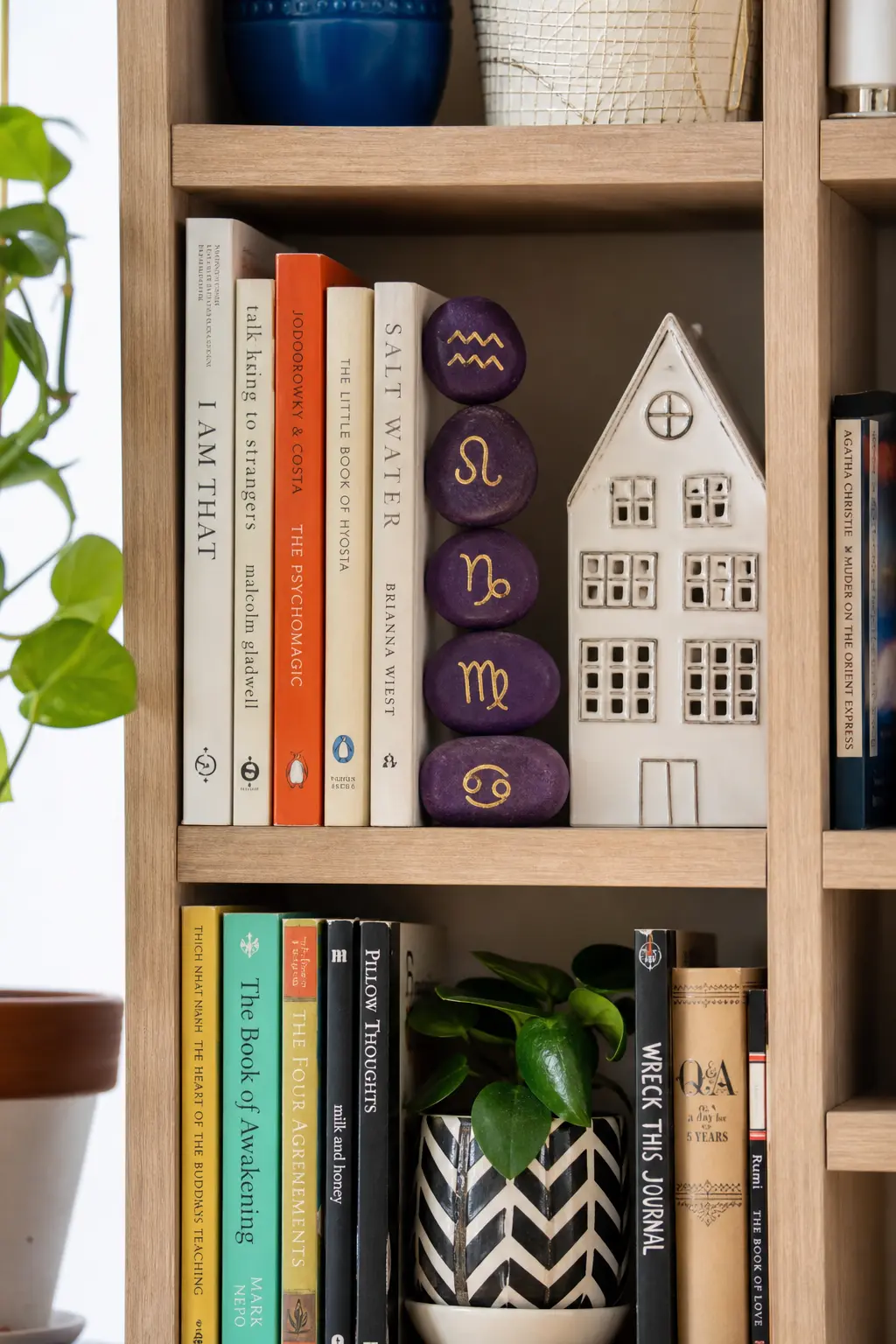 Zodiac Symbol Stones — Deep purple stones with a single gold zodiac glyph painted in the centre make a personal little gift or a shelf display grouped by birth