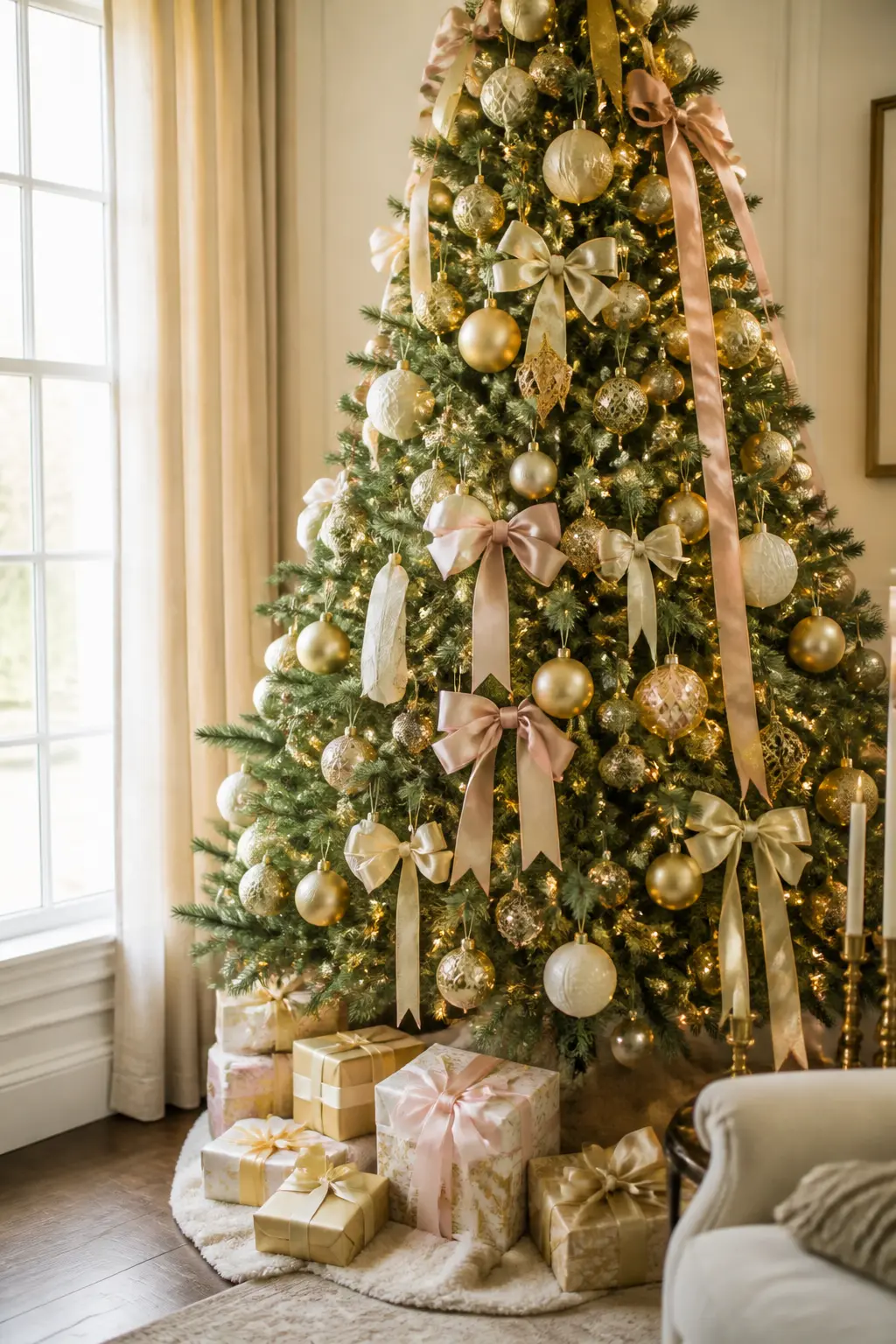 Blush, Gold and White as the Majority — This palette works because blush is quiet enough to read as neutral when white is the dominant tone. Elegant christmas