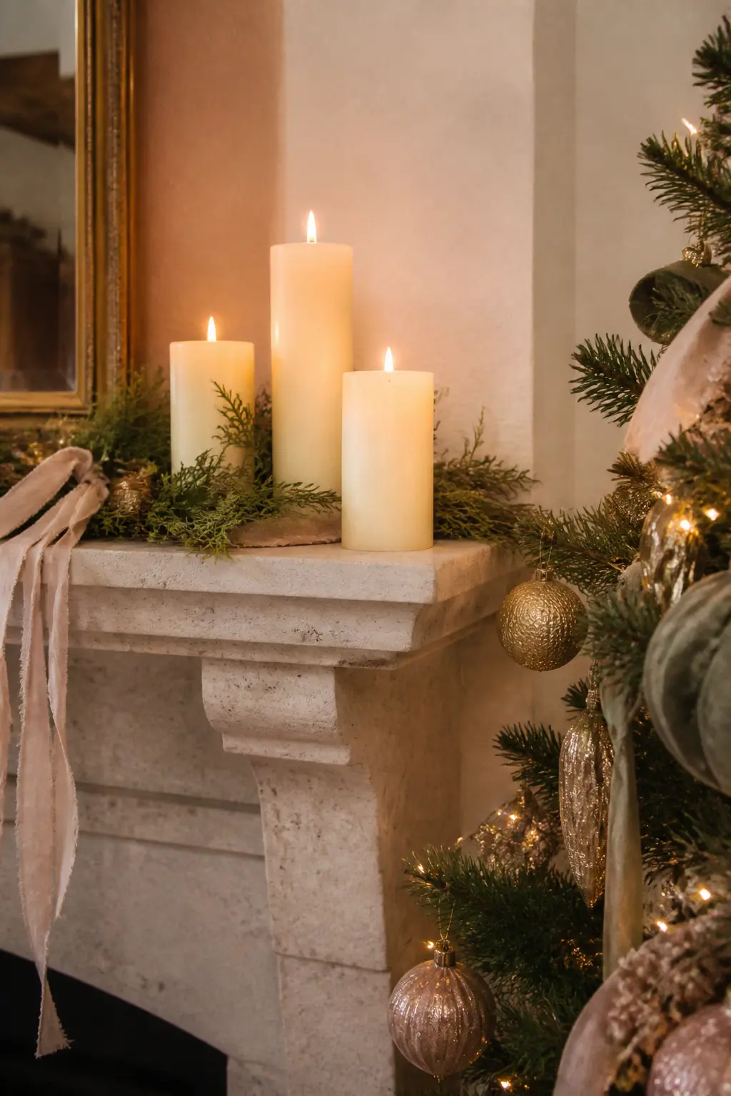 Candle Light on the Mantel Beside the Tree — Position the tree close to a fireplace or mantel and light the mantel only with pillar candles in cream or