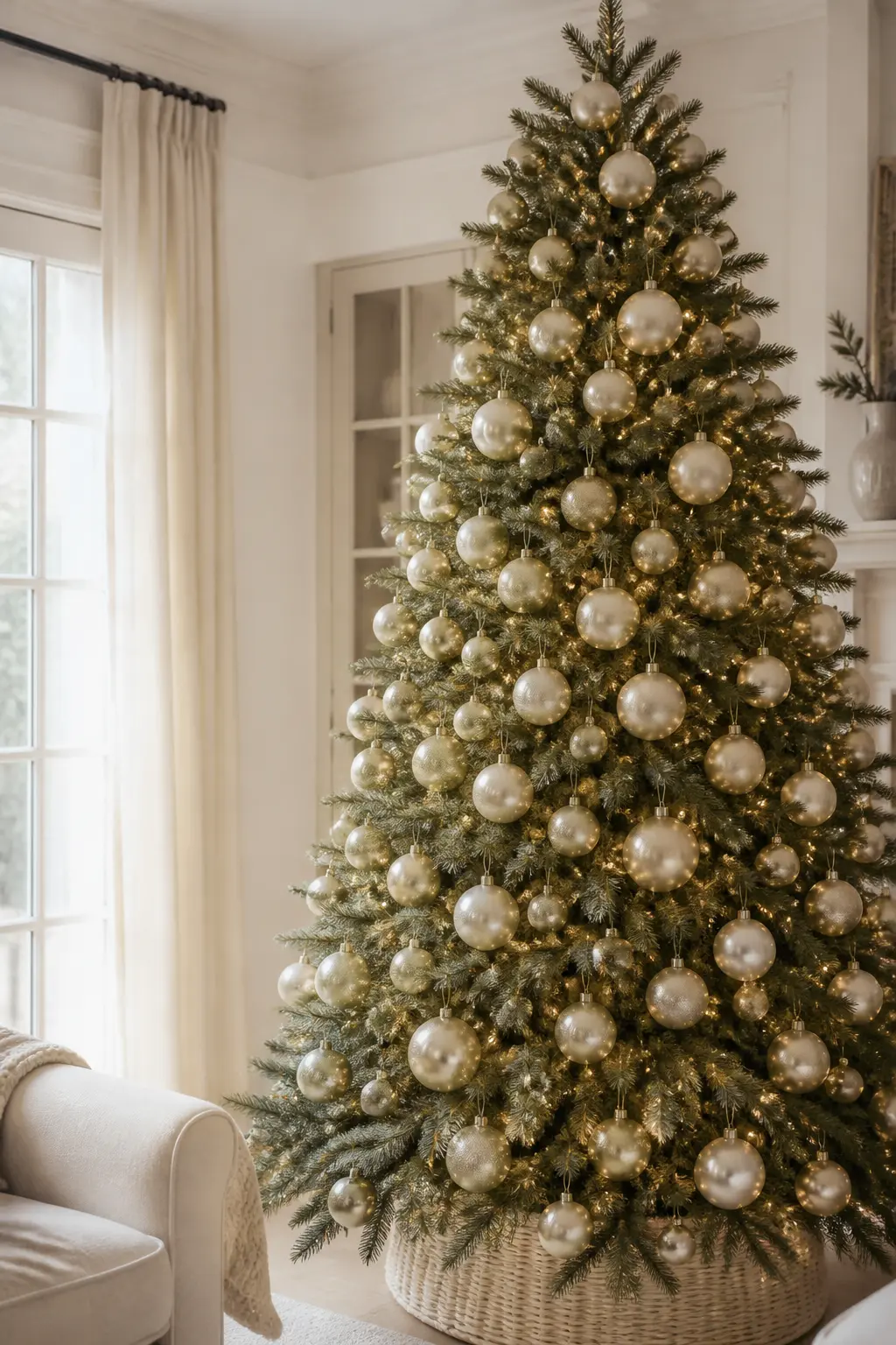 Champagne and Cream Baubles, No Second Colour — A tree hung only in champagne and cream baubles, nothing else, reads as far more expensive than a tree with a