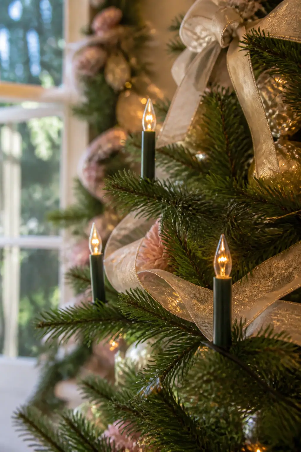 Clip-On Candle Lights at Branch Tips — Clip-on candle lights, the kind that stand upright on the branch tip like a real wax taper, add a formality to a tree