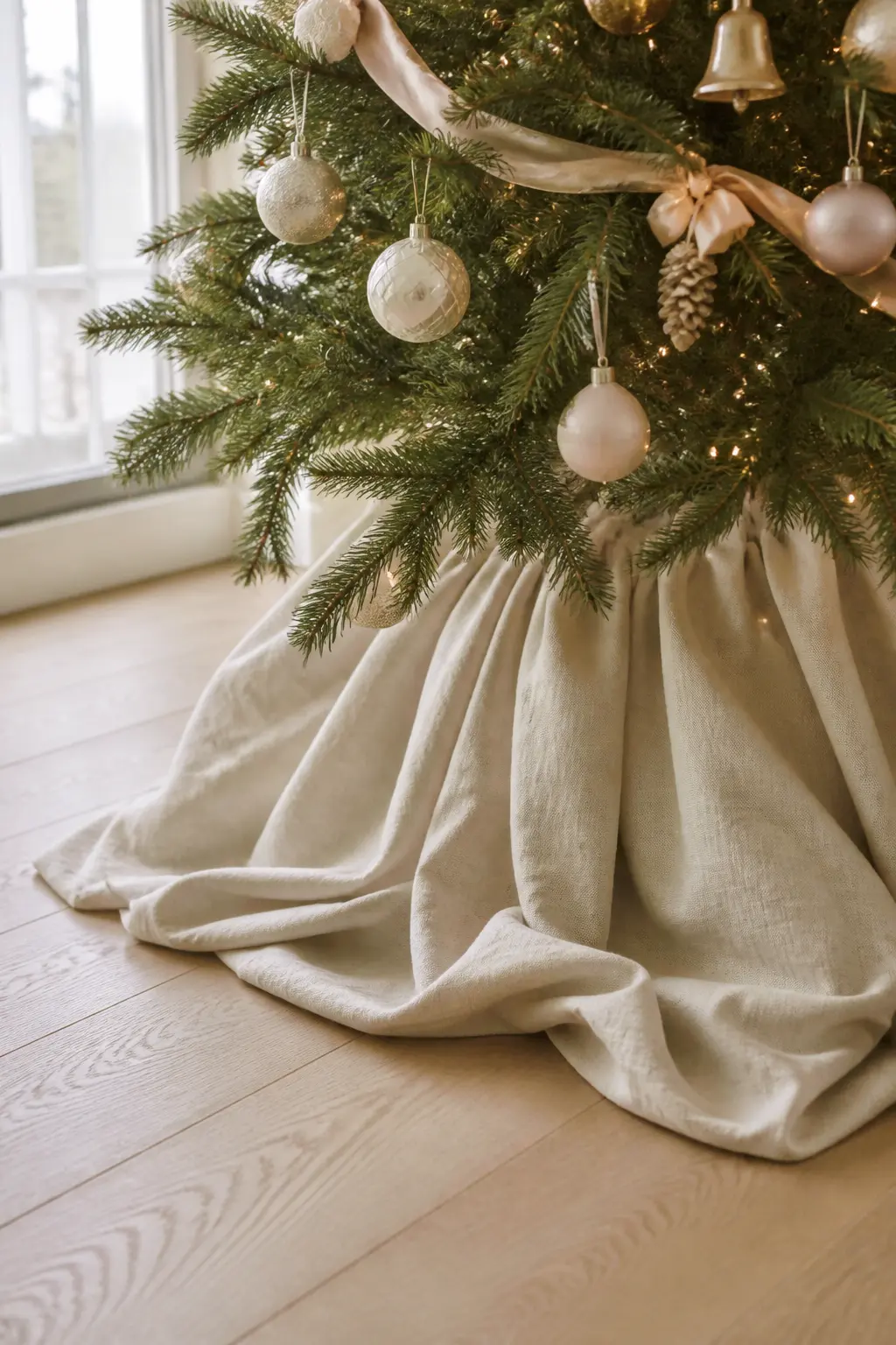A Cream Fabric Skirt, Gathered and Pooled — A tree skirt in heavy cream fabric, gathered with extra fullness so it pools slightly on the floor rather than