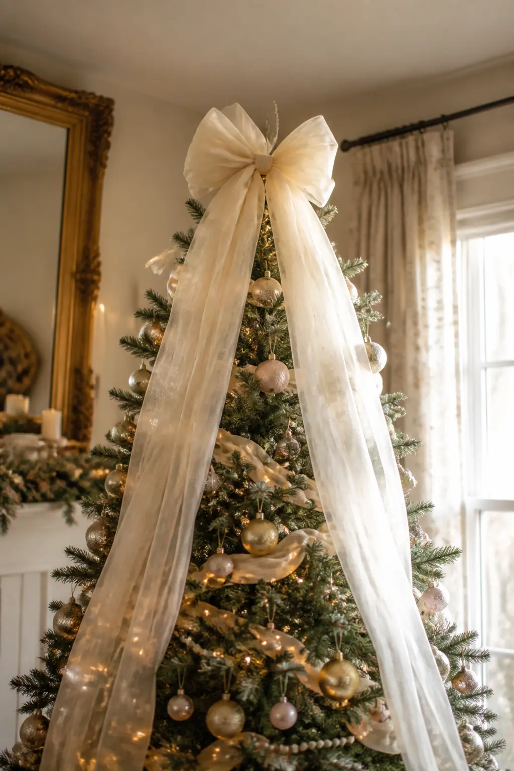 Cream Tulle Bow at the Crown — A wide, structured bow in ivory tulle sits at the very top of the tree. Elegant christmas tree decorations