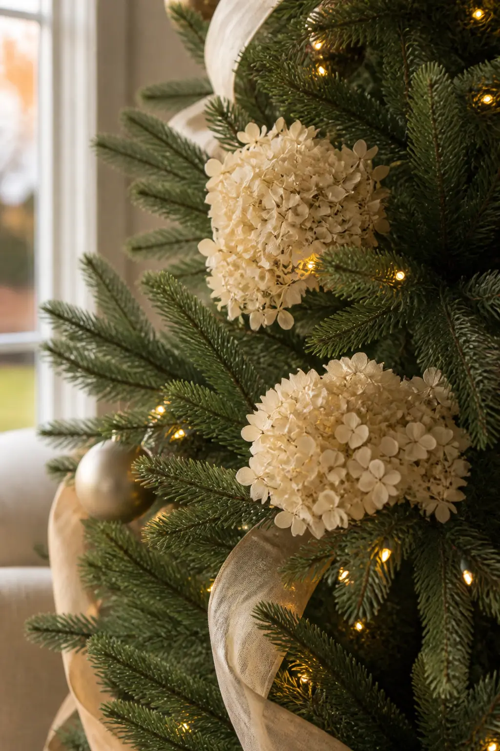 Dried Hydrangea Heads in the Branches — Dried hydrangea heads, in the faded shades they take on naturally, tuck between branches the way no ornament can.