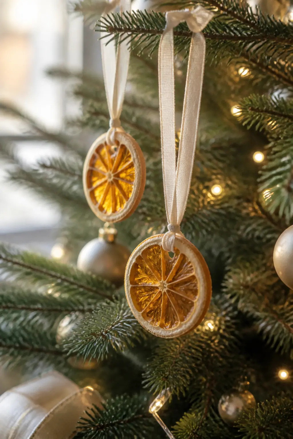 Dried Orange Slices on Cream Ribbon — Thread dried orange slices onto lengths of narrow cream ribbon and hang them from branches as you would a bauble. Elegant
