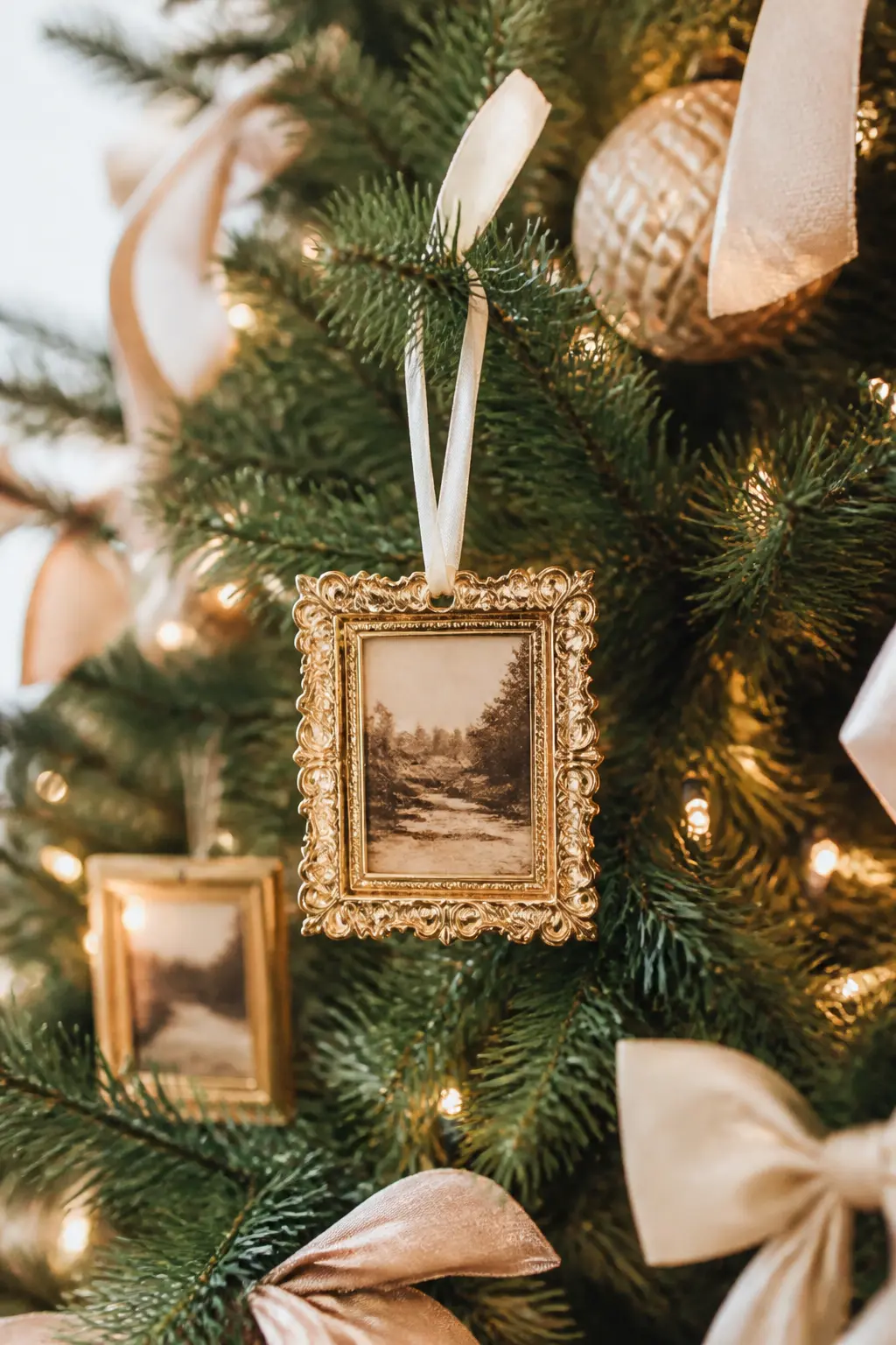 Gilded Picture Frames on the Branches — Small gilded picture frames, 10 by 8 cm or smaller, hung on the branches with ribbon and filled with sepia or
